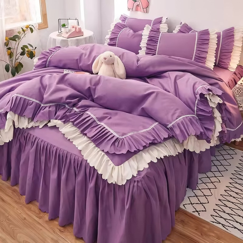 Lush Ruffled Coquette Aesthetic Bedding Set - Queen Size 4-Piece Soft Pink Floral Duvet Cover with Pillowcases - Romantic Shabby Chic Bedroom Decor for Girls & Women