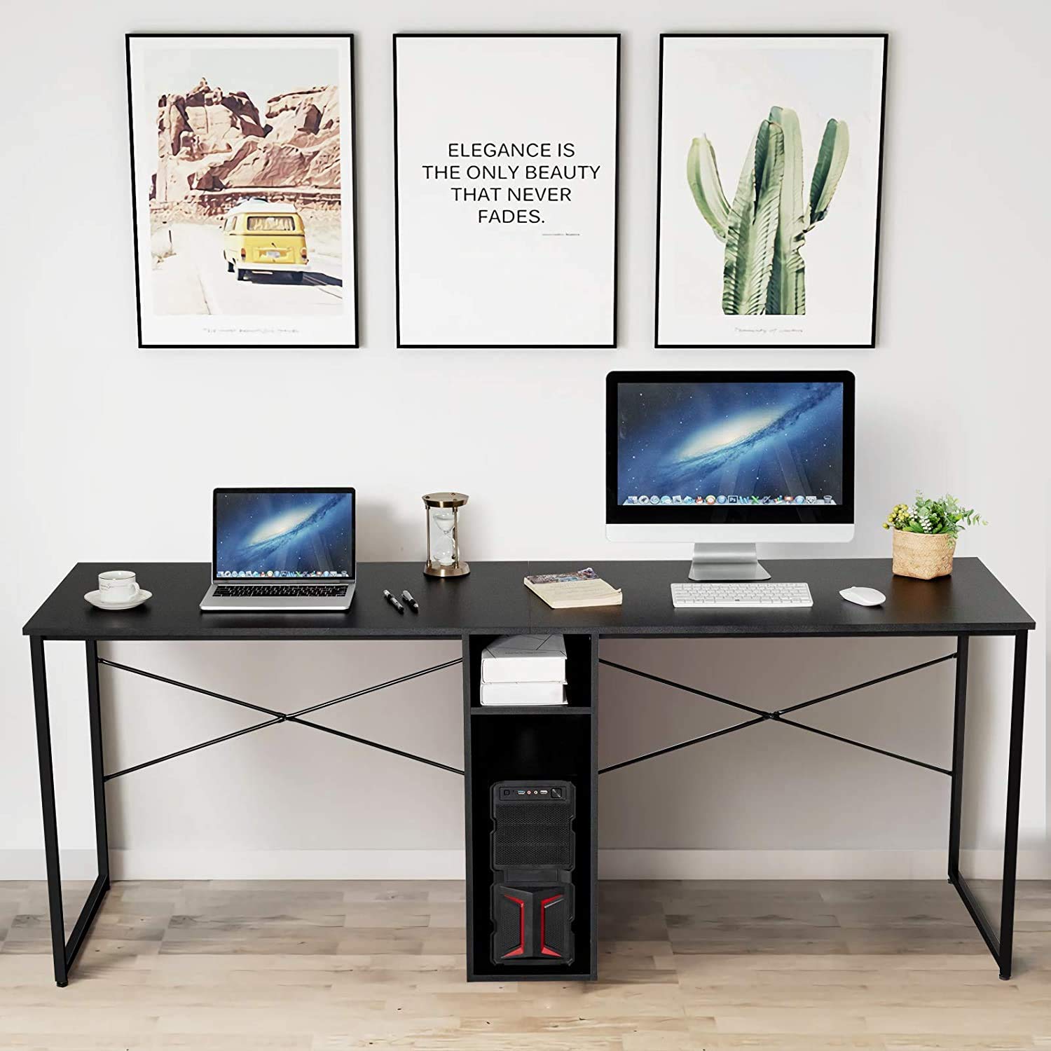 2-Person Computer Desk with Storage | Large Home Office Writing Table | Adjustable Foot Pads & Stable Gaming Workstation | Easy to Clean Black Study Desk for Home Office, Gaming & Remote Work