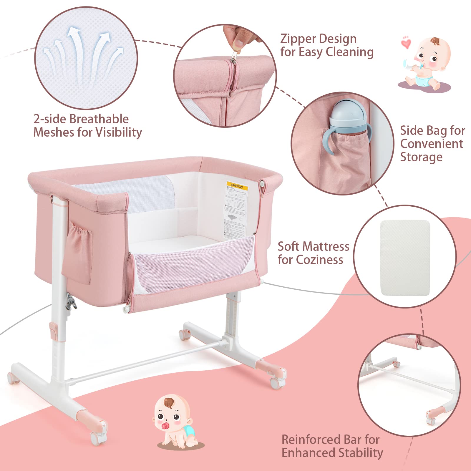 HONEY JOY 3-in-1 Portable Baby Bassinet Bedside Sleeper - Adjustable Height Folding Crib with Wheels, Mattress & Carry Bag for Newborns & Infants (Pink) | Perfect for Nursery, Bedside Co-Sleeping & Travel