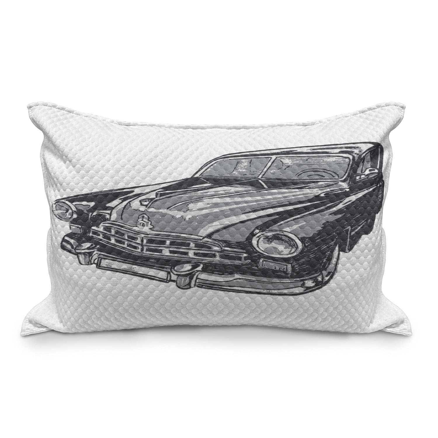 Ambesonne Vintage Cars Quilted Pillow Cover - Hand Drawn Classic Vehicle Design with Detailed Hood, Lamps & Rear View Mirror - Standard Queen Size 30x20 Inch Decorative Throw Pillow Case for Bedroom, Sofa, Living Room - Grey Blue Grey