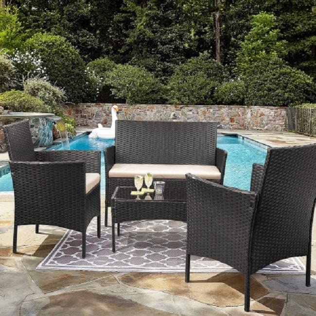 4-Piece Outdoor Patio Rattan Furniture Set - Black Wicker Sofa, Chairs & Coffee Table with Cushions - Modern Contemporary Garden, Backyard, Poolside Lounge Set for Relaxing & Entertaining