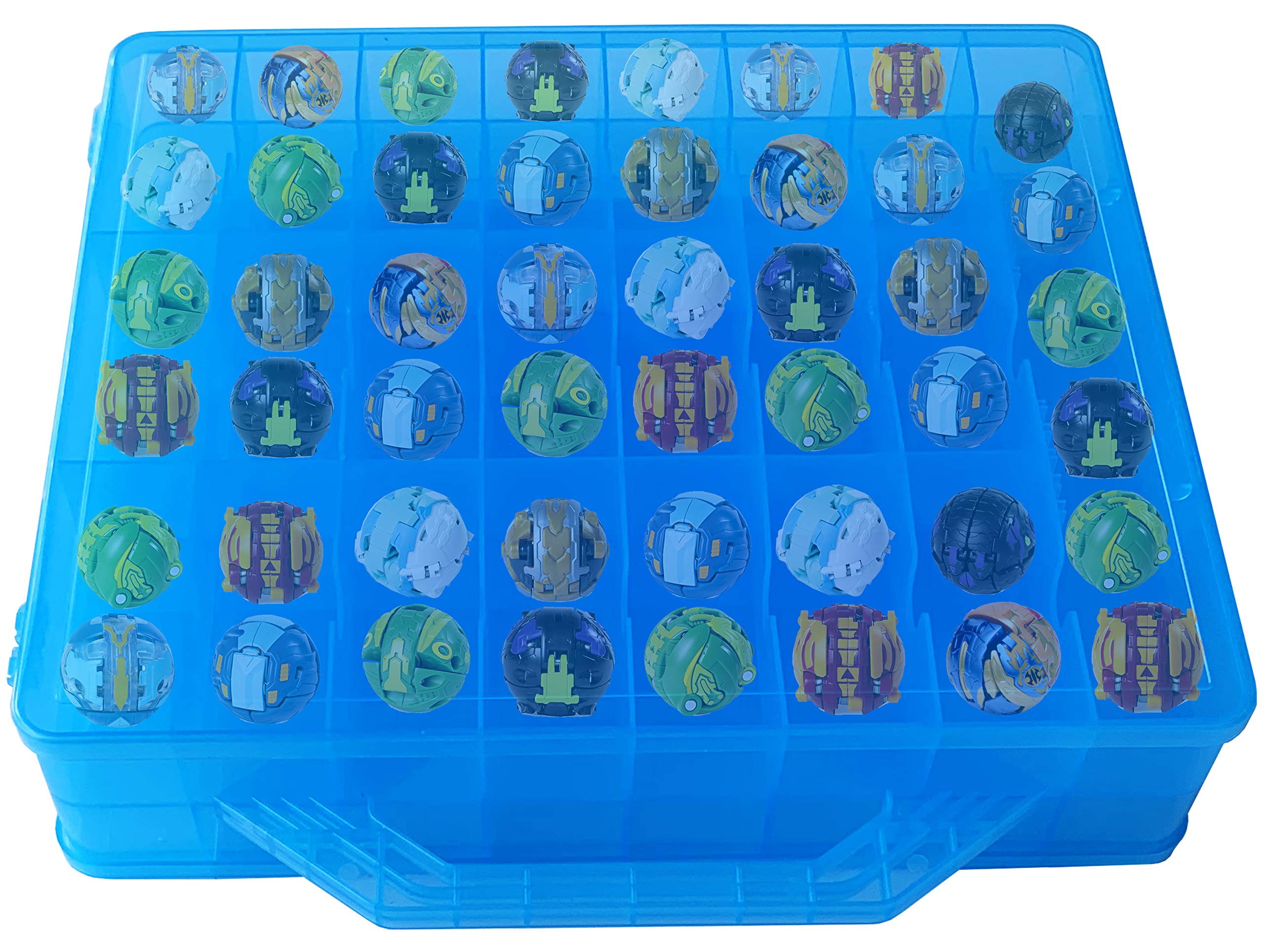 Double Sided BPA-Free Toy Storage Organizer with 48 Compartments - Perfect for Mini Toys, Small Dolls, Bakugan & Tools - Portable Carrying Case for Home, Travel & Playroom Organization (Blue)