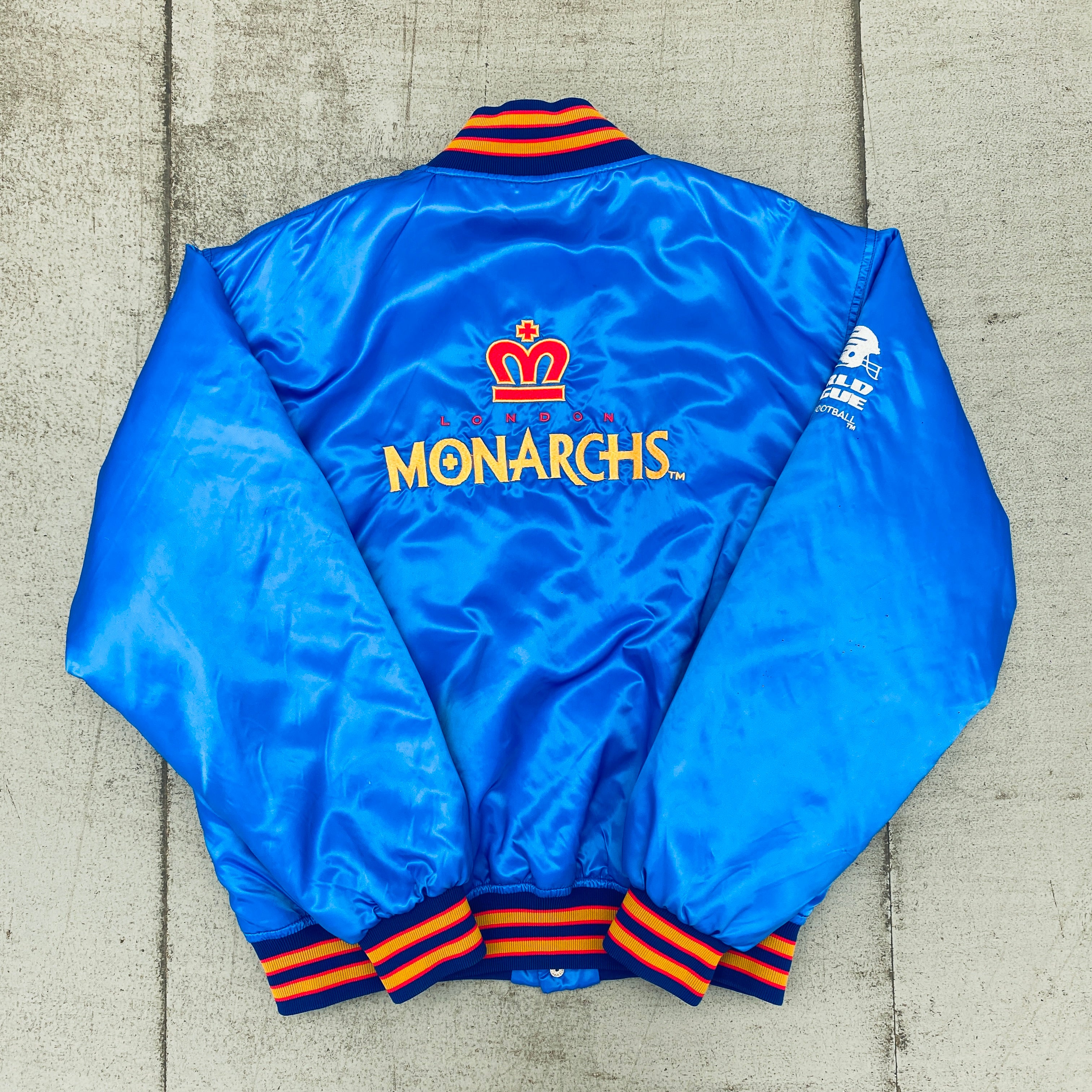 WLAF: London Monarchs 1992 Satin Reverse Embroidered Spellout Bomber Jacket (Large) - Vintage Football Jacket for Sports Fans & Retro Fashion Enthusiasts