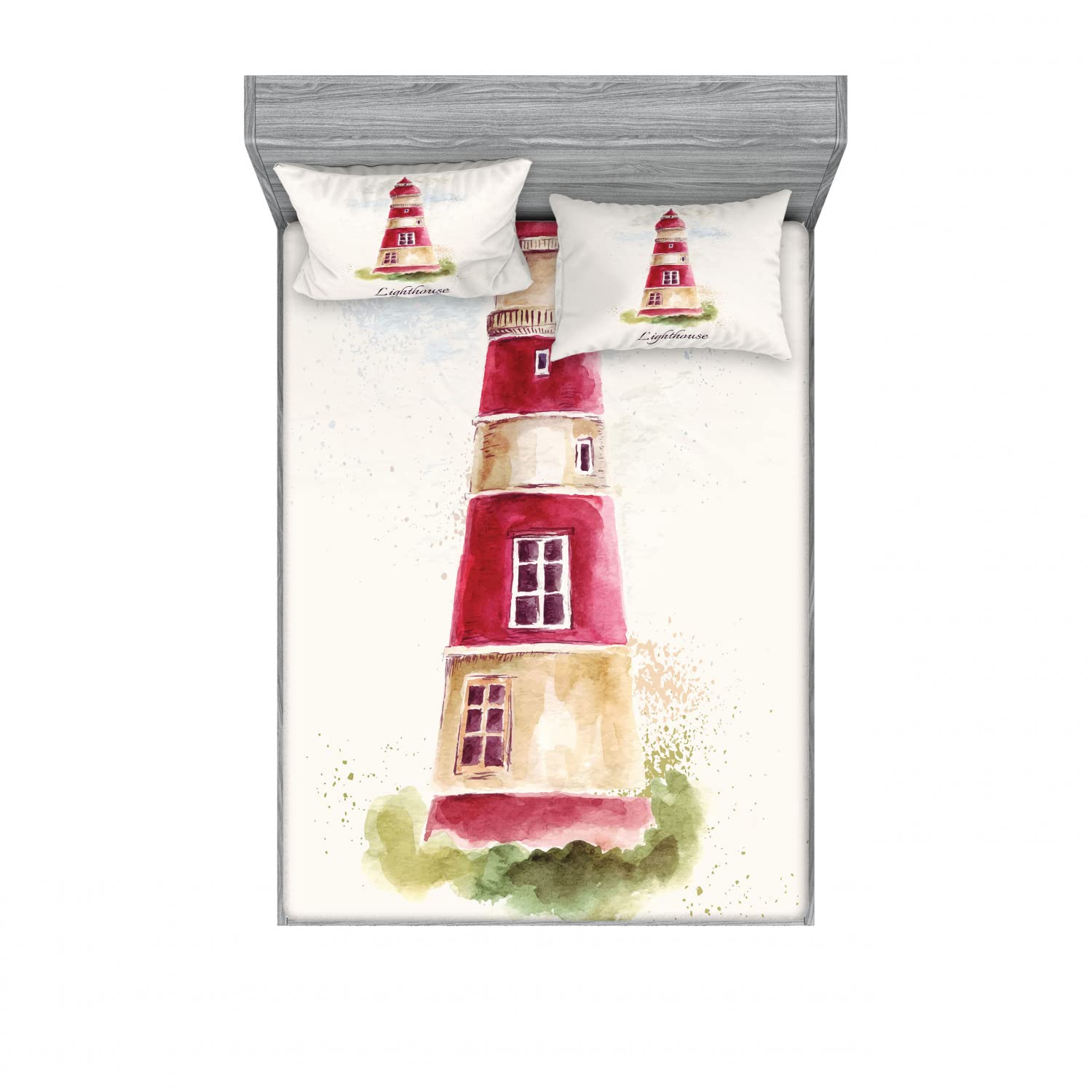 Ambesonne Lighthouse 2-Piece Queen Fitted Sheet Set with 4 Pillow Shams - Pastel Watercolor Ocean Theme Bedding - Soft Breathable Cotton Blend - Perfect for Coastal, Nautical & Beach House Decor