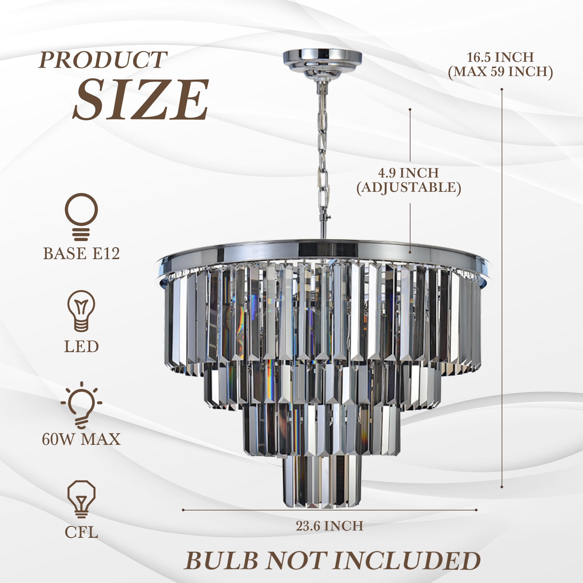 Luxury Chrome Smoke Crystal Modern Chandelier - 4-Tier Pendant Ceiling Light Fixture for Dining Room, Living Room, Bedroom & Girls Room (23.6