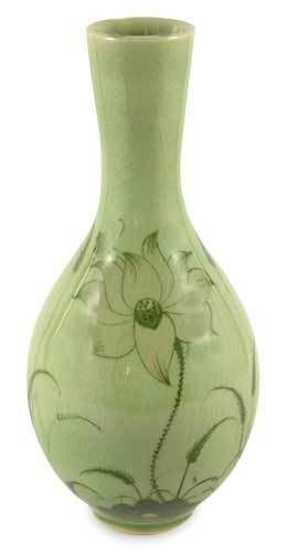 Handmade Floral Celadon Ceramic Vase - Green Lofty Lotus Design - Elegant Home Decor for Living Room, Dining Table & Wedding Centerpiece | NOVICA