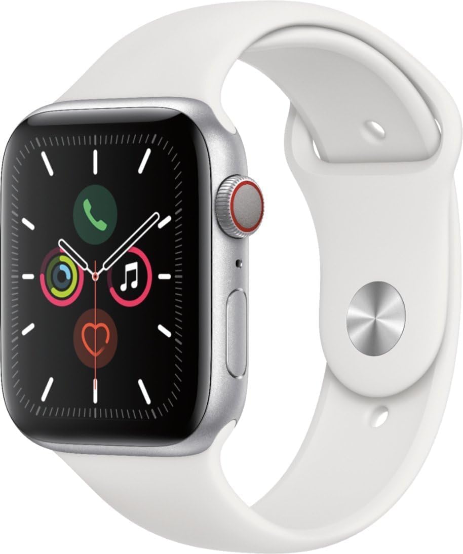Apple Watch Series 5 (GPS + Cellular, 44mm) - Titanium Silver Case with White Sport Band | Renewed Smartwatch for Fitness Tracking, Calls & Notifications | Perfect for Running, Swimming & Daily Wear