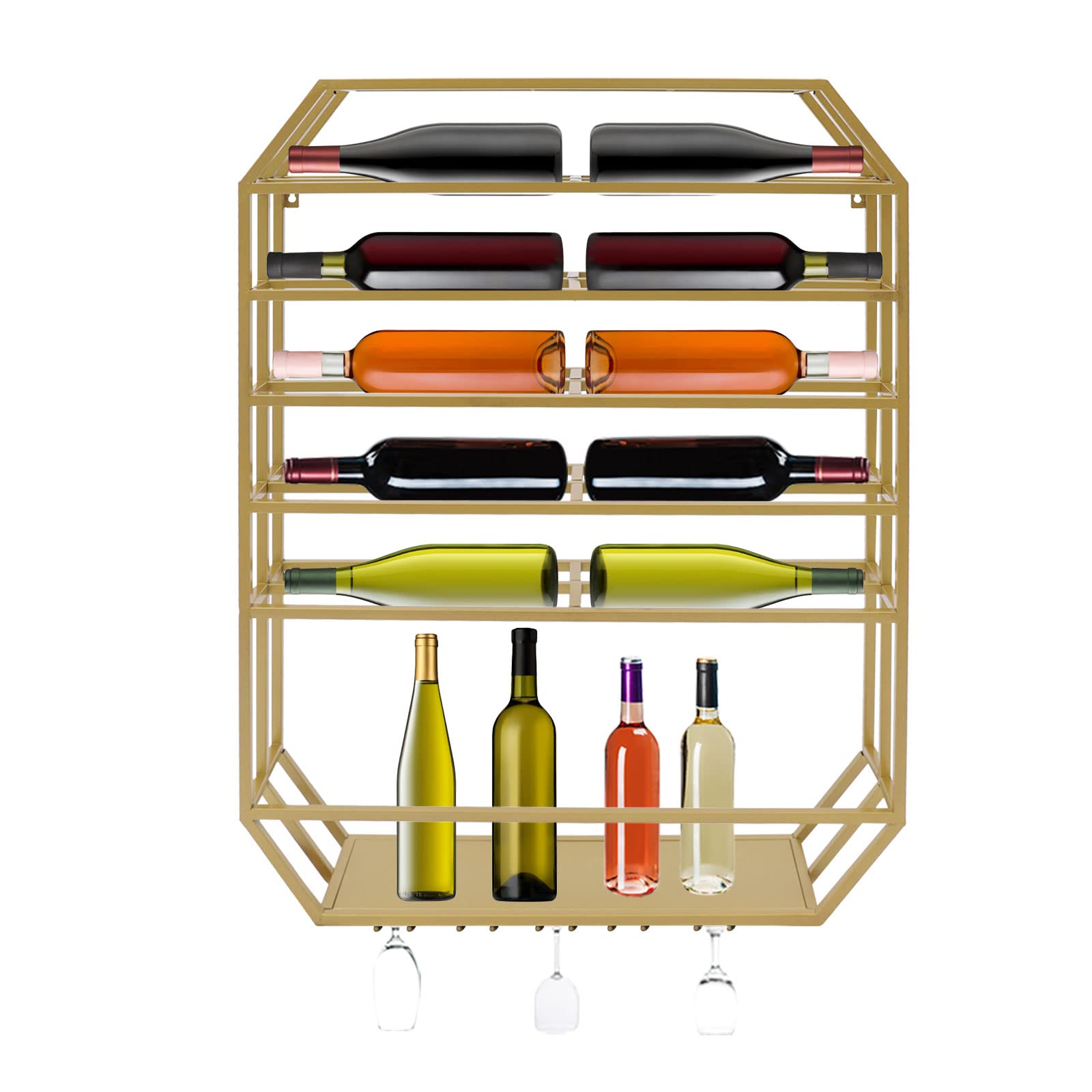 Wall Mounted Gold Wine Rack - Metal Hanging Wine Holder & Floating Shelf for Wine Display | Perfect for Kitchen, Living Room, Bedroom, Bathroom & Home Office Decor