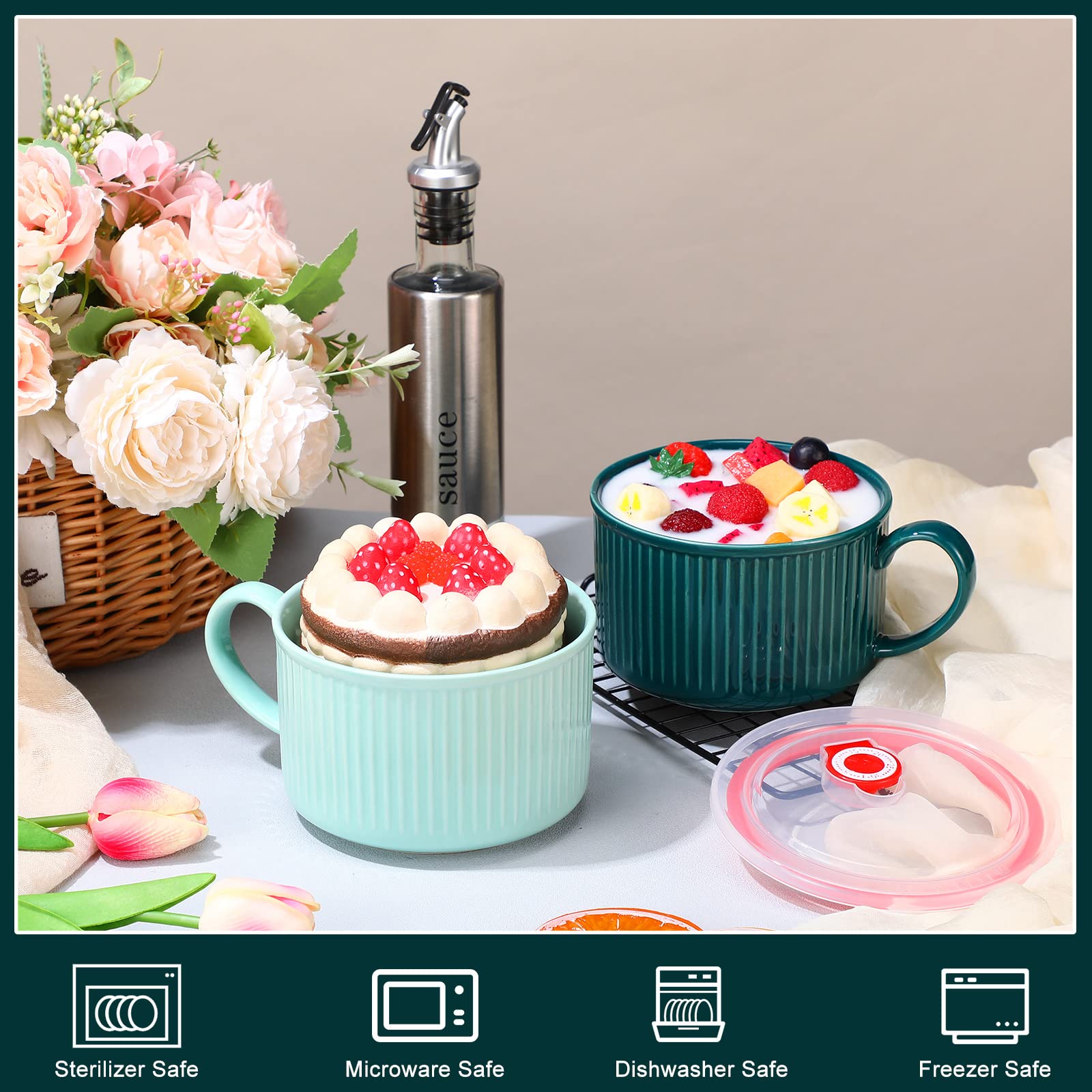 2-Pack Nuenen 30oz Ceramic Soup Bowls with Lids & Handles - Microwave & Dishwasher Safe - Large Colorful Ramen Noodle Bowls for Cereal, Soup, Pasta (Blue & Dark Green) - Perfect for Home, Office & Dorm Use