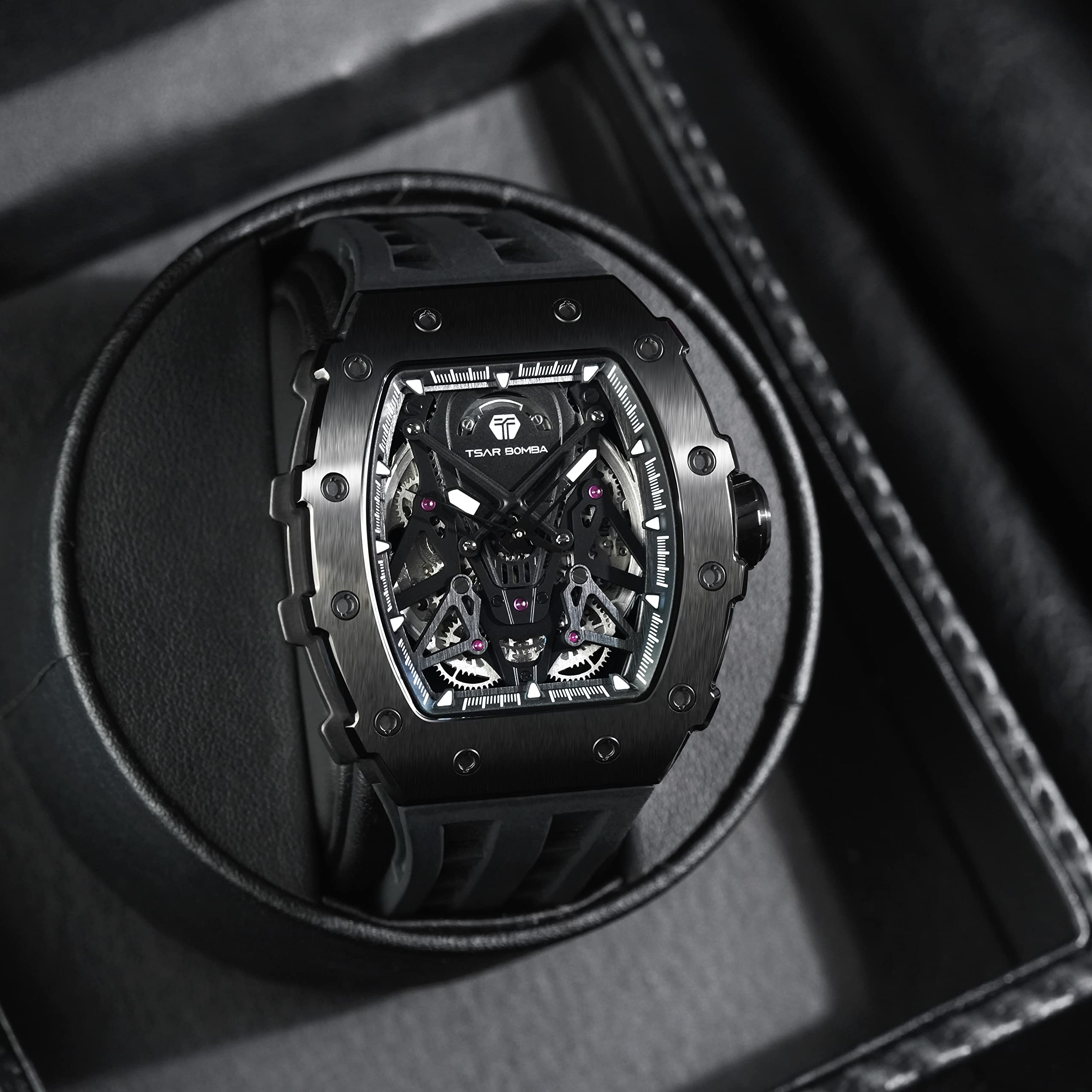 Luxury Automatic Skeleton Watch for Men - 50M Waterproof Mechanical Tonneau Watch with Silicone Band - Perfect for Business, Formal Events & Christmas Gifts
