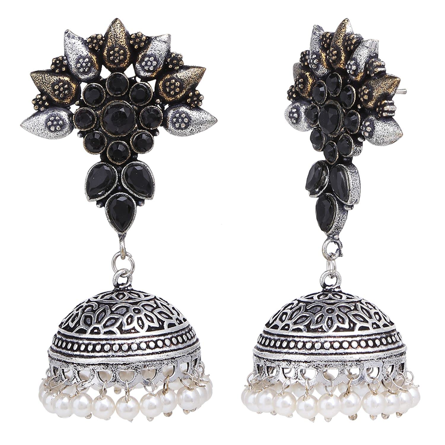 Efulgenz Indian Oxidized Jhumka Earrings for Women - Boho Antique Ethnic Tribal Jewelry with Faux Pearl Drop & Floral Design - Perfect for Weddings, Parties, and Cultural Events