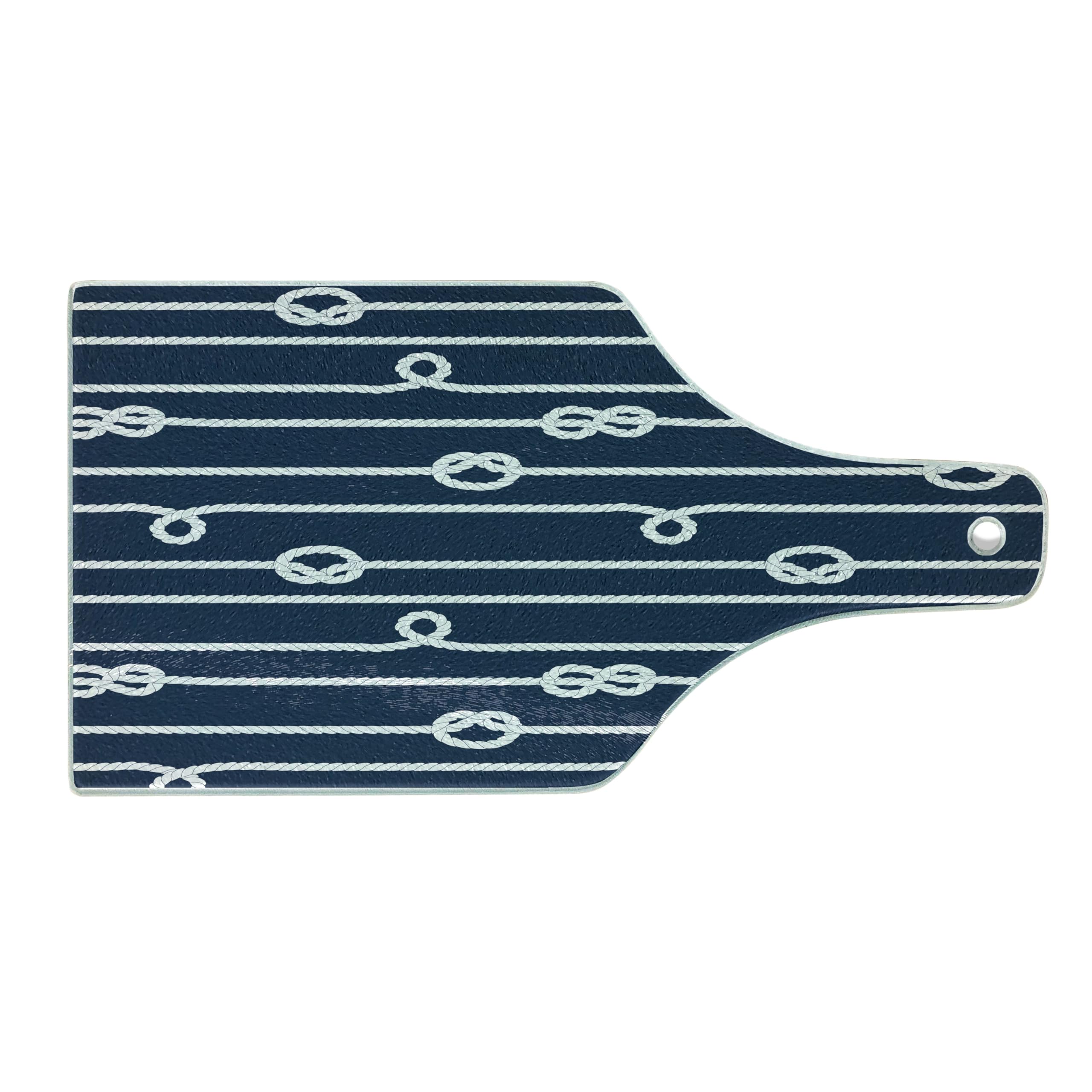 Ambesonne Navy Blue Tempered Glass Cutting Board - Marine Knots Sailor Sailing Theme with Summer Sun Print - Decorative Serving Board for Kitchen, Wine Bottle Shape in White and Blue - Perfect for Entertaining, Charcuterie, and Gift Giving