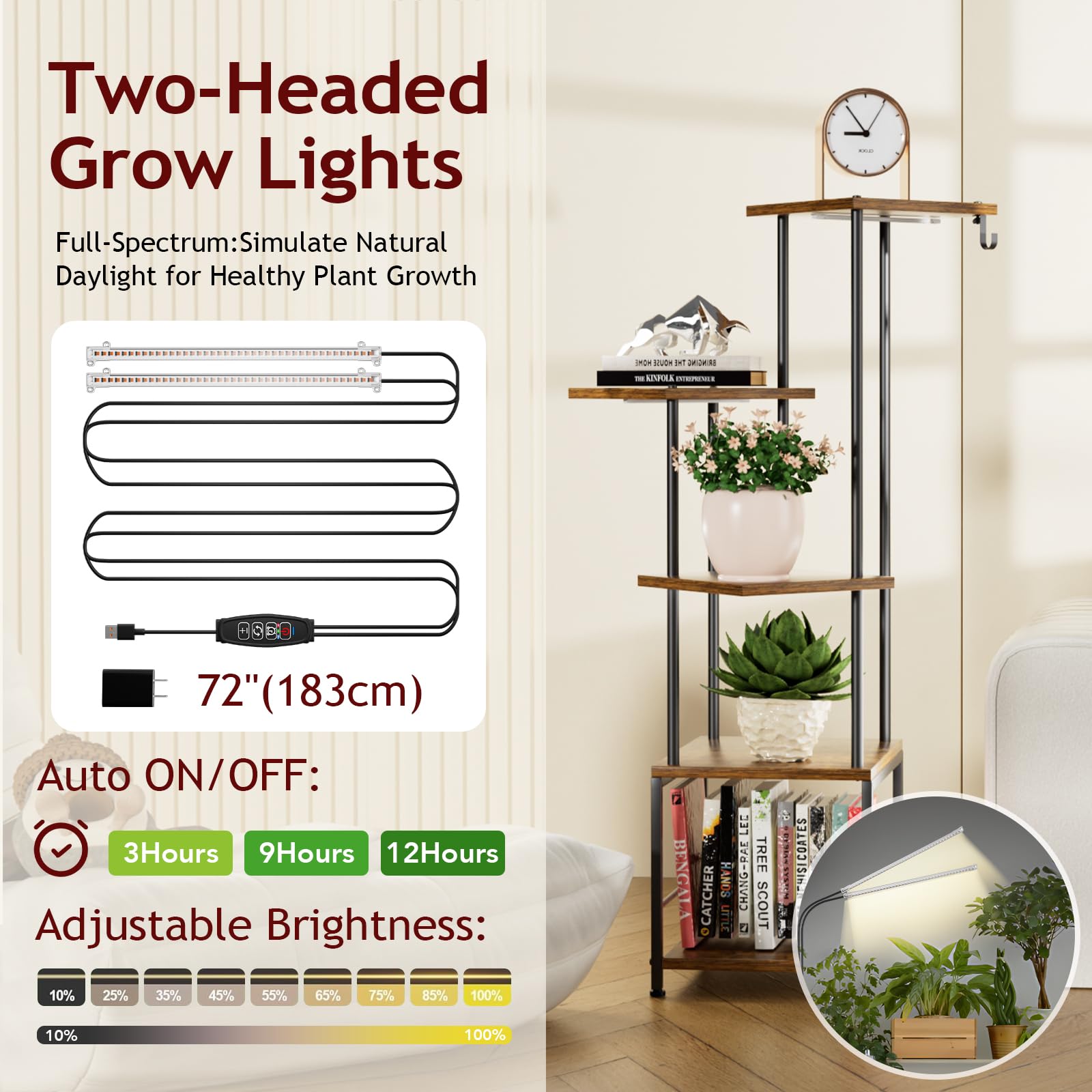 5-Tier Metal Plant Stand with Adjustable Grow Light & Hanging Hooks - Indoor Plant Shelf for Living Room, Garden, Patio - Perfect for Small Spaces & Plant Lovers (Brown/Black)