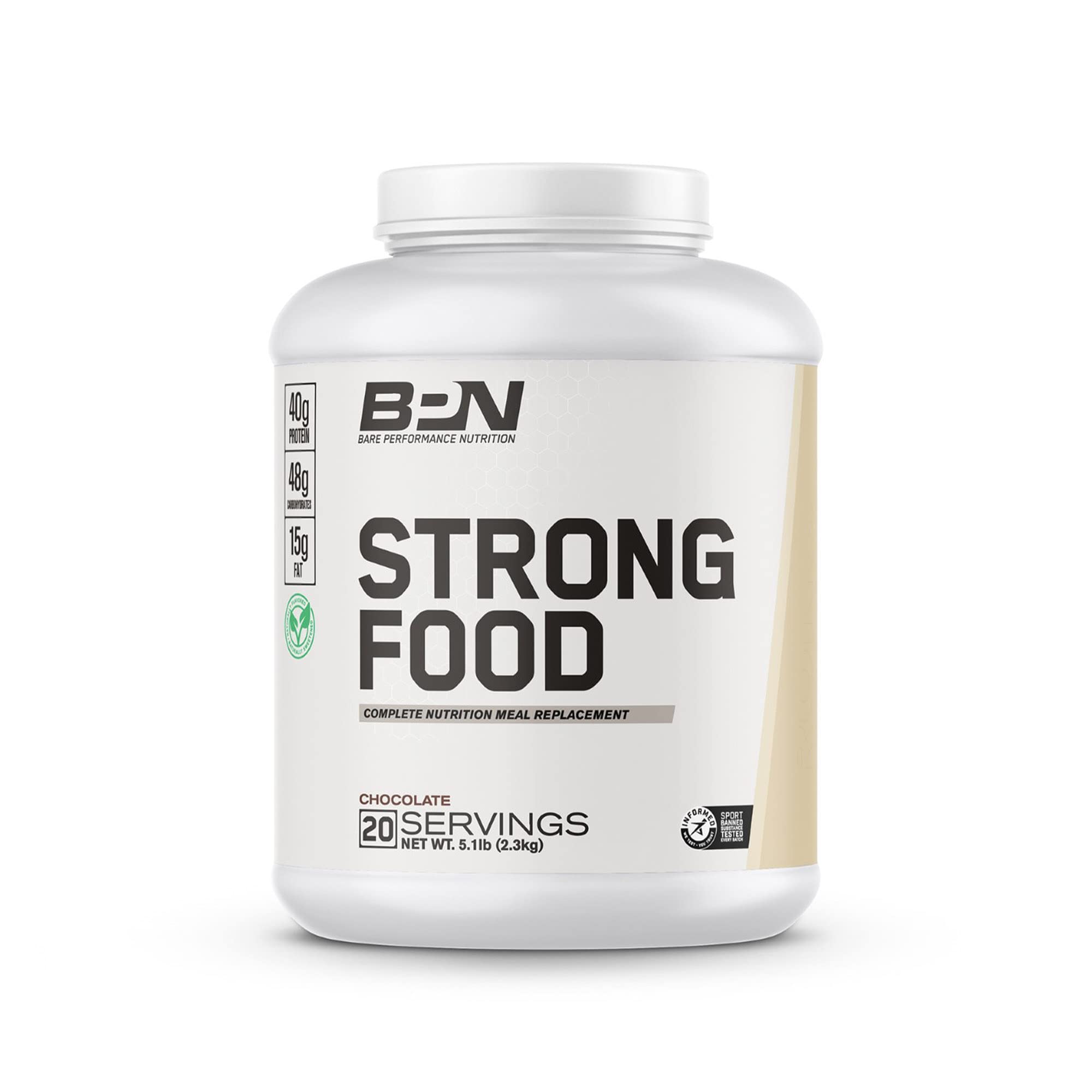 Bare Performance Nutrition Strong Food Complete Meal Replacement Shake - High Protein, Carbs & Healthy Fats for Muscle Recovery & Performance - Chocolate Flavor (20 Servings) | Perfect for Post-Workout, Busy Lifestyles & On-the-Go Nutrition