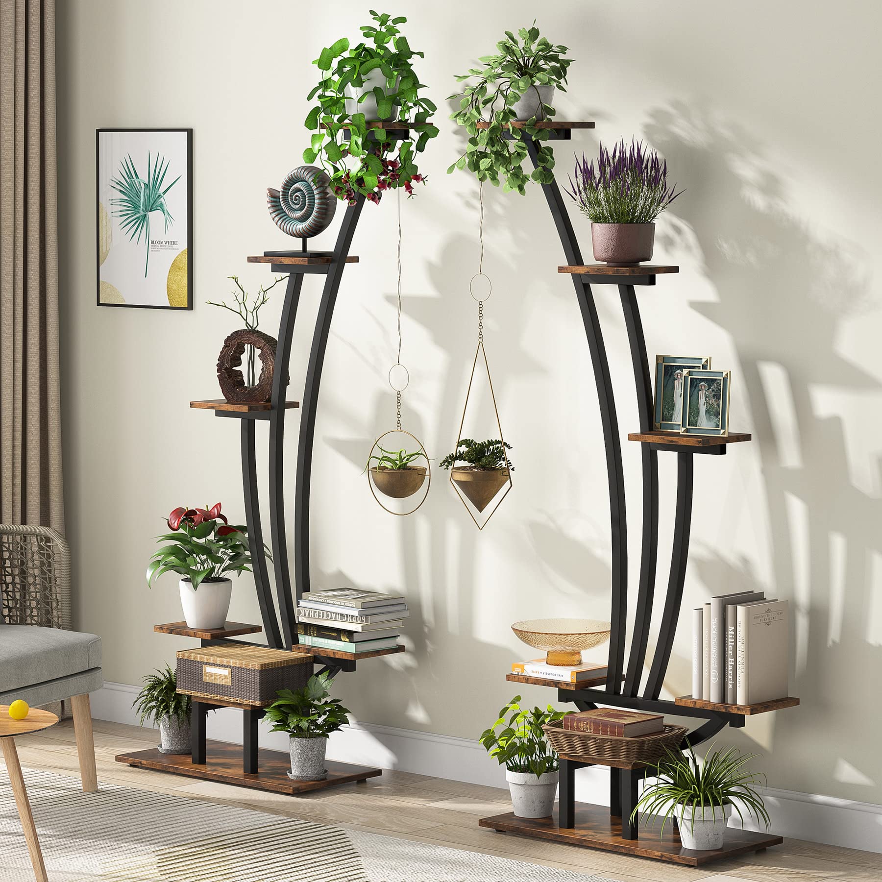 Tribesigns 6-Tier Tall Indoor Plant Stand - Set of 2 Metal Curved Display Shelves with Hanging Hooks for Bonsai, Flower Pots & Home Decor - Perfect for Living Room, Garden, Balcony & Indoor Plants Organization