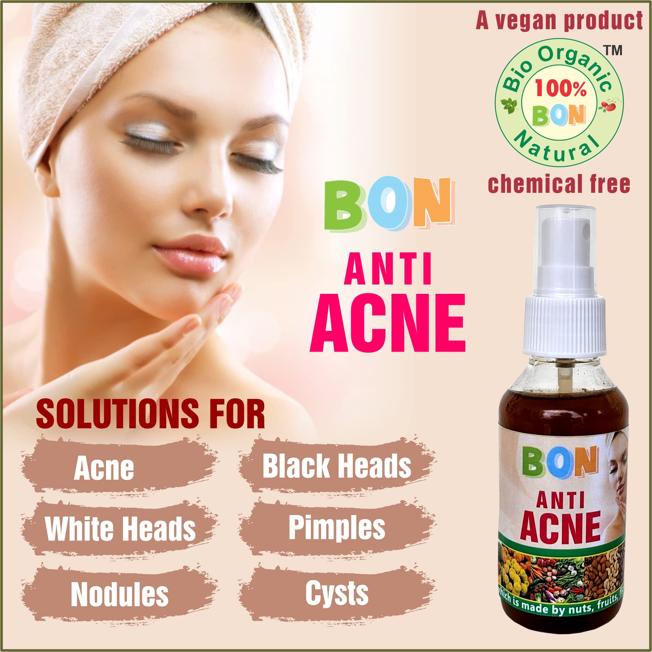 100% BON Bio Organic Natural Anti Acne Treatment - Chemical Free & Fragrance Free for Acne, Blackheads & Whiteheads | Vegan, Safe & Side Effect Free | Perfect for Daily Skincare & Sensitive Skin Care Routine