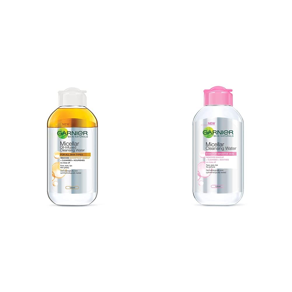Garnier Skin Naturals Micellar Oil-Infused Cleansing Water & Micellar Cleansing Water, 125ml - Gentle Makeup Remover & Face Cleanser for All Skin Types | Perfect for Daily Skincare & Travel