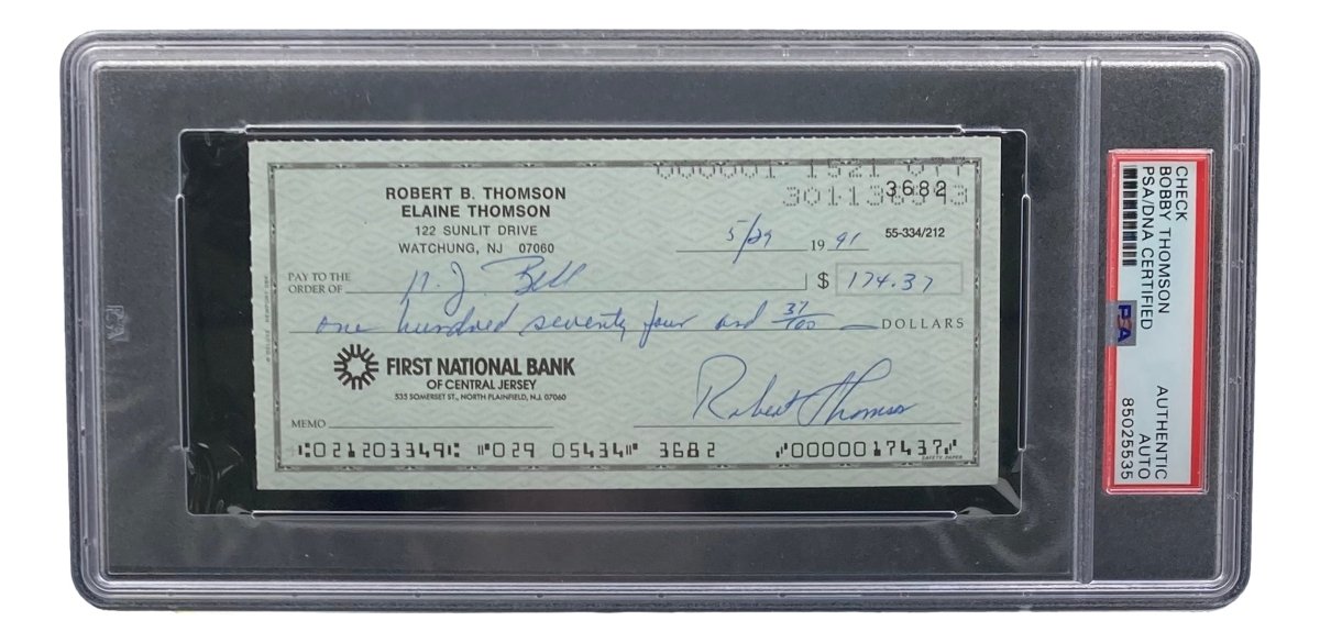 Authentic Bobby Thomson New York Giants Signed Bank Check with PSA/DNA Certification 85025535 - Perfect for Sports Memorabilia Collectors and Baseball Fans
