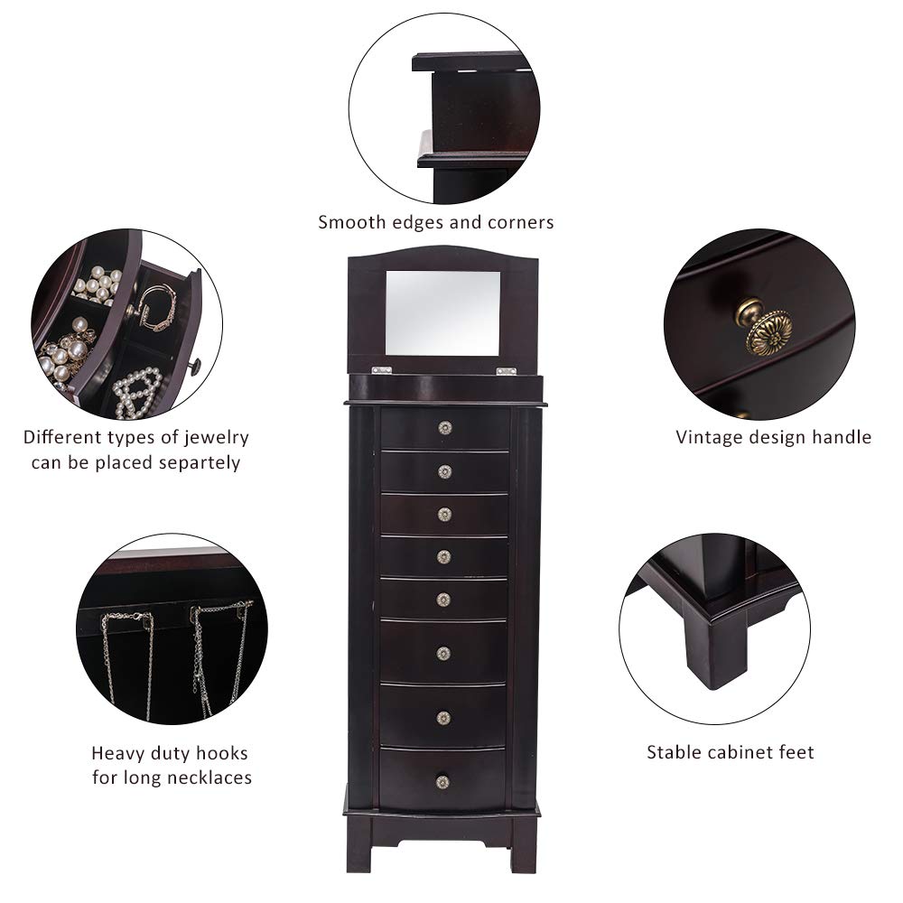 Standing Jewelry Armoire Cabinet with 8 Drawers & 16 Necklace Hooks - Wooden Jewelry Storage Organizer with Full-Length Mirror & Swing Doors - Perfect for Bedroom, Closet or Dressing Room Organization (Black)