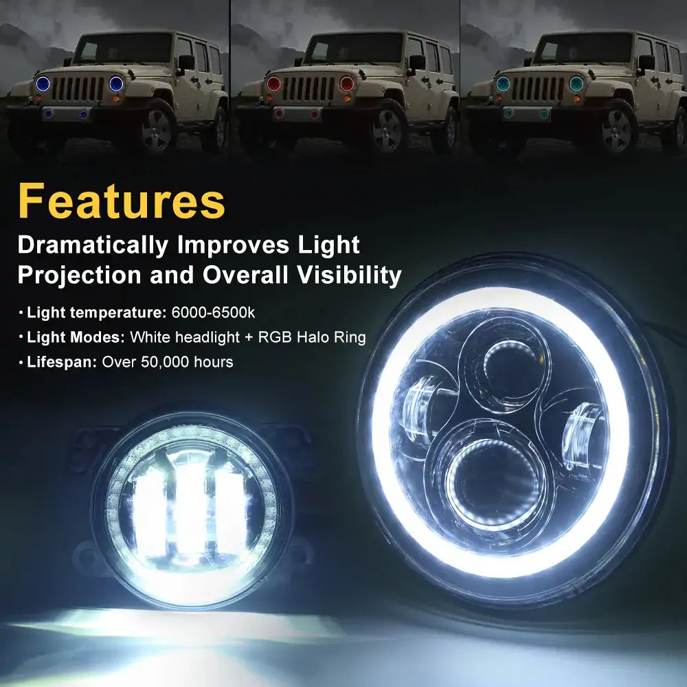 7 Inch RGB LED Headlights for Jeep Wrangler JK JL Gladiator - Waterproof Off-Road Lights with Multiple Color Modes, Perfect for Night Driving, Off-Roading & Custom Car Mods
