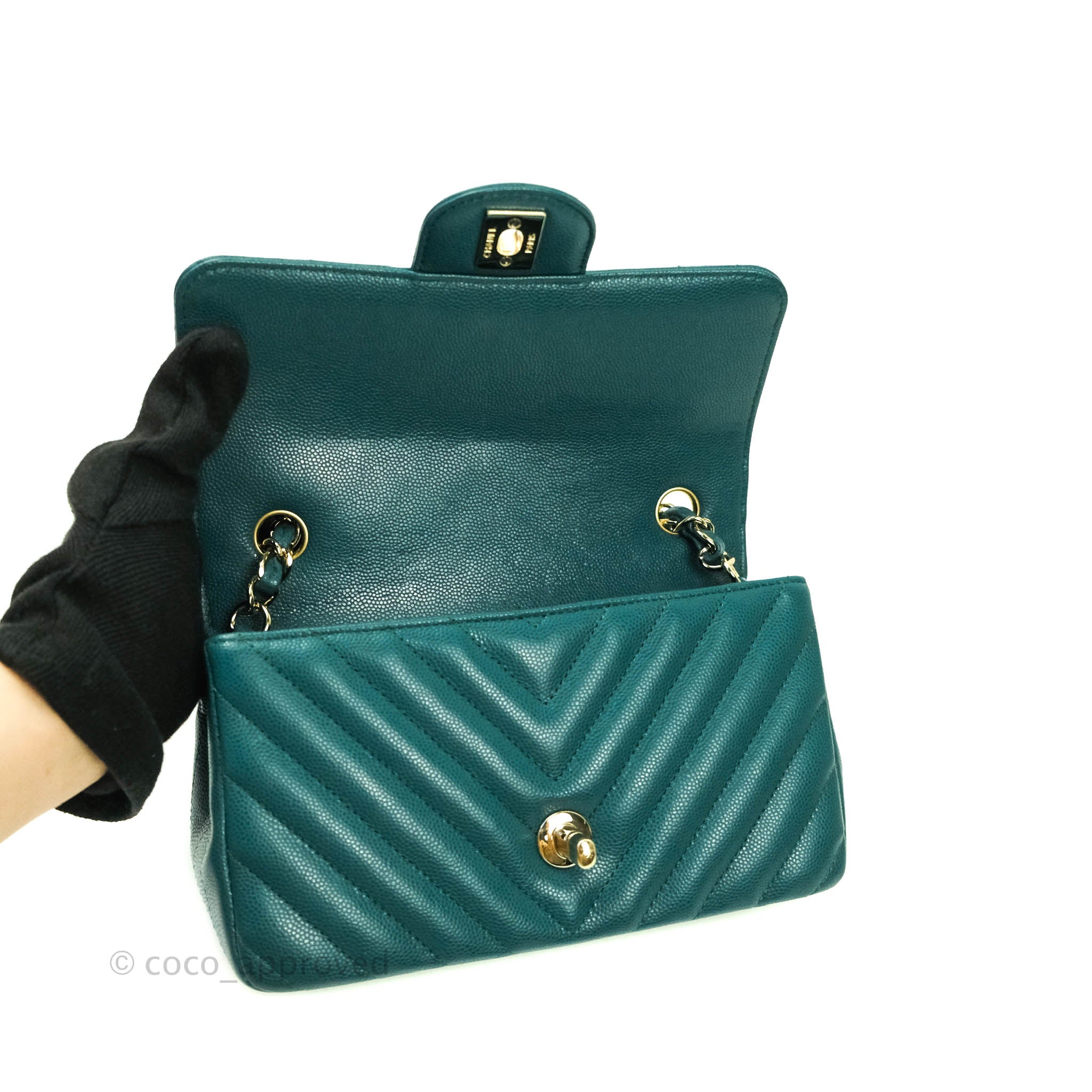 Chanel Chevron Mini Rectangular Caviar Leather Flap Bag - Dark Green with Gold Hardware | Luxury Crossbody Purse for Women, Perfect for Evening Events & Date Nights