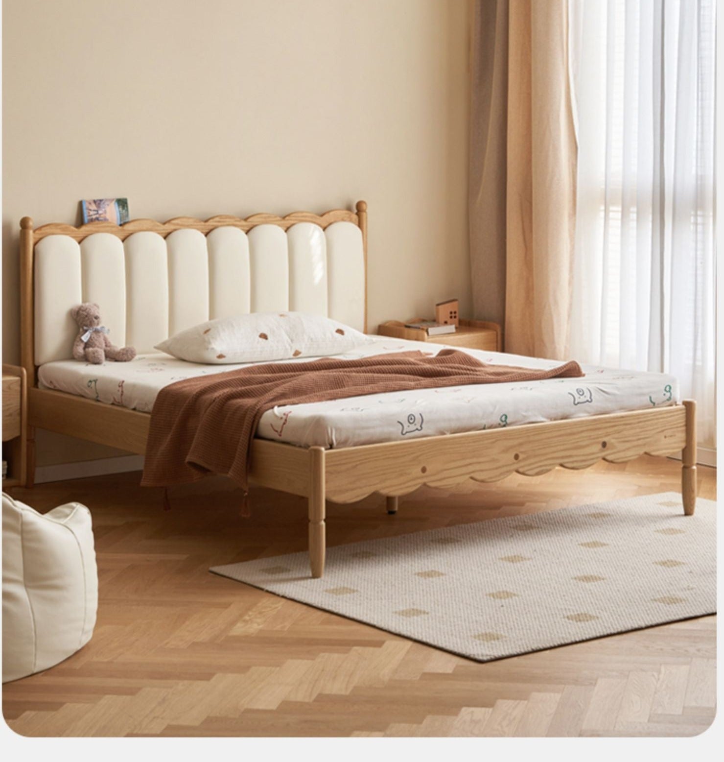 Premium Oak Solid Wood Kids Upholstered Bed with Soft Headboard - Milky White | Safe & Comfortable Toddler Bedroom Furniture for Boys & Girls | Perfect for Bedrooms, Daycare & Guest Rooms