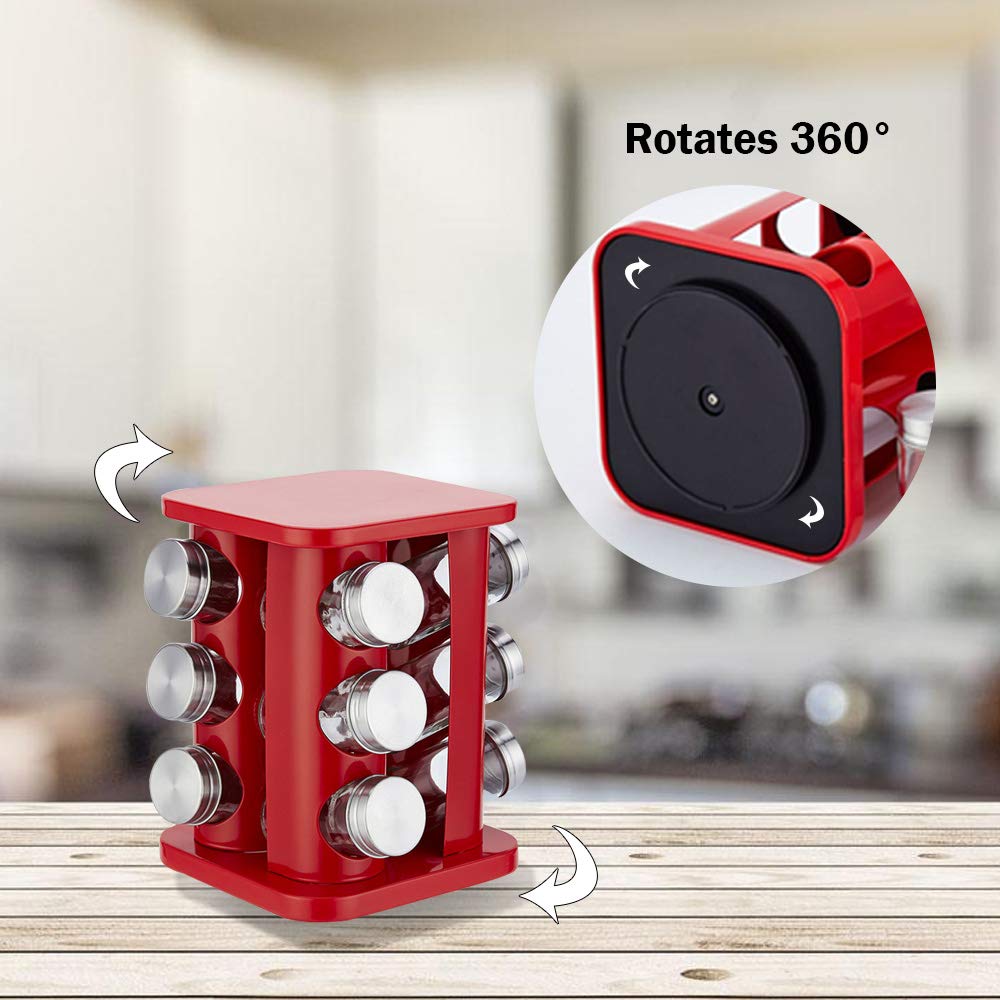 TINMIX 12-Jar Revolving Spice Rack Organizer - Stainless Steel Countertop Spice Tower with Refillable Glass Jars for Kitchen Cabinet Storage (Red) - Perfect for Cooking, Baking & Organizing Spices