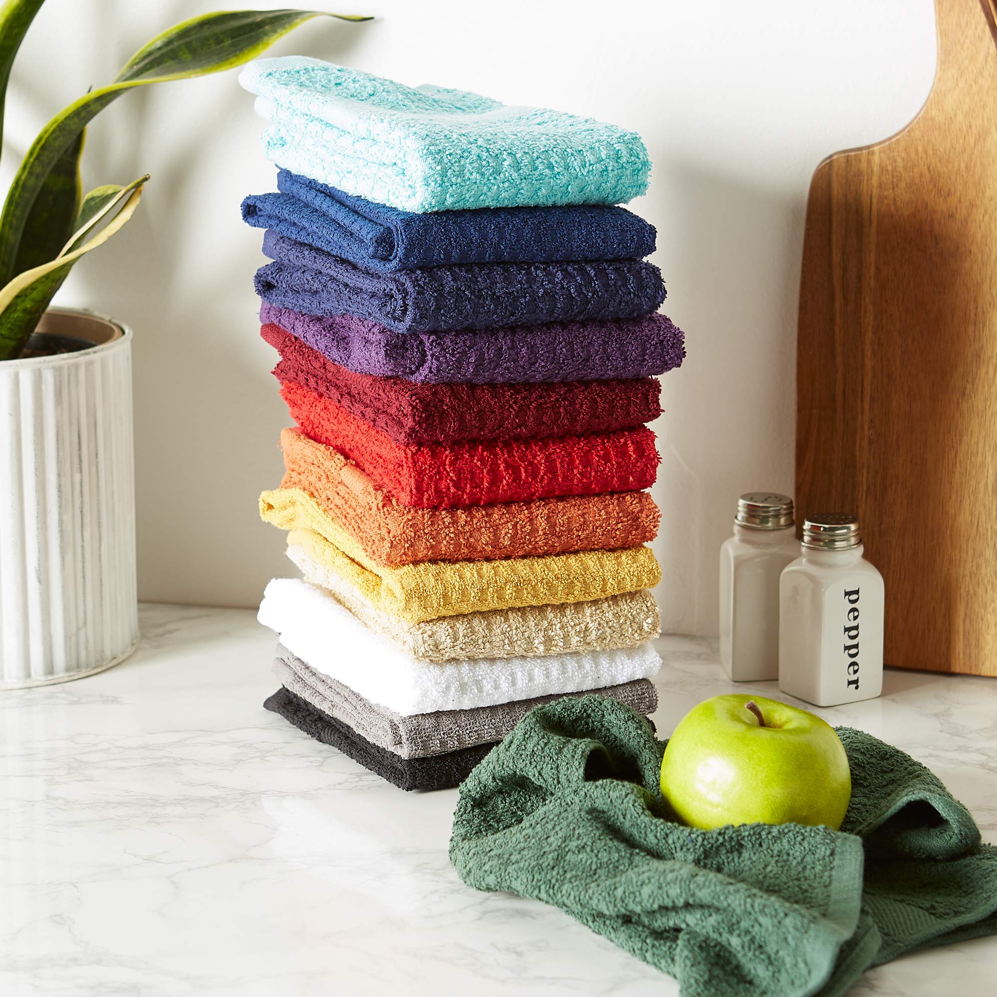 DII Basic Terry Collection Waffle Dishtowel Set - 4-Piece 15x26 Inch Kitchen Towels in Solid Dark Green | Absorbent & Durable for Dish Drying, Hand Wiping & Kitchen Cleaning