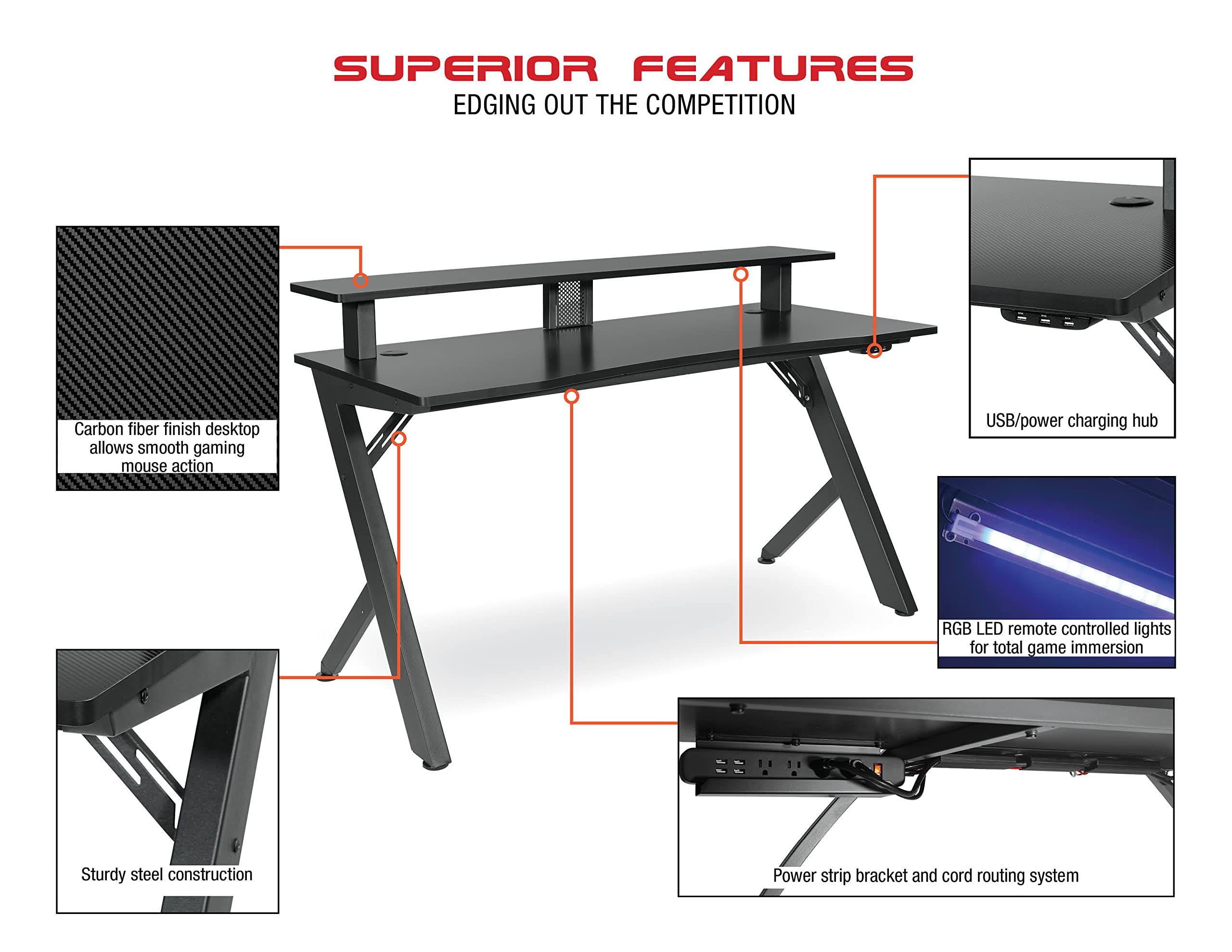 OSP Home Furnishings Area51 Battlestation Gaming Desk with Bluetooth RGB LED Lights - Ergonomic Computer Desk for Gamers & Streamers - Matte Black Gaming Desk for PC Setup, Home Office & Esports