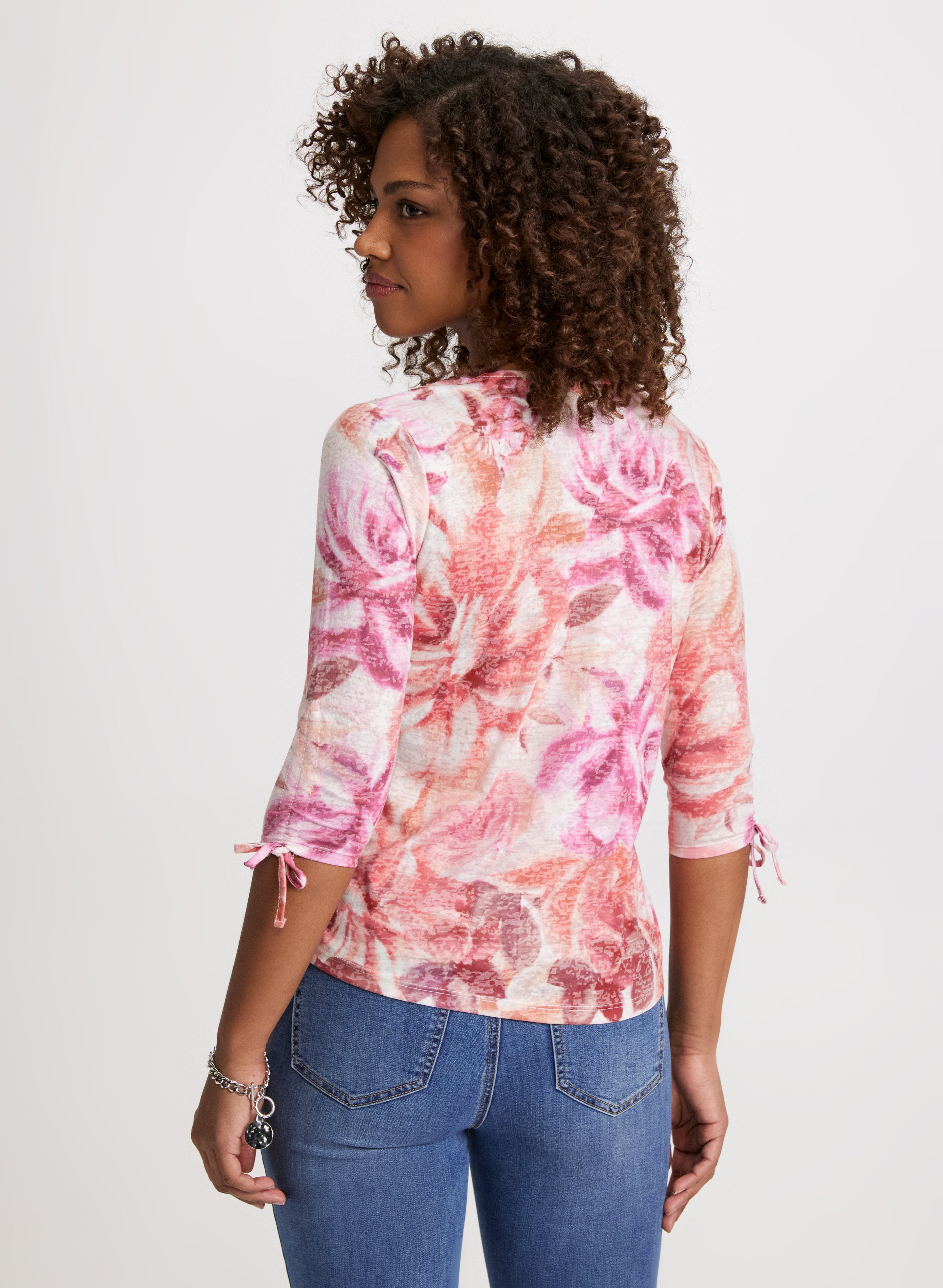 Floral Print T-Shirt with Tie Sleeves - Women's Fashion Blouse for Casual Wear, Summer Outfits & Boho Style