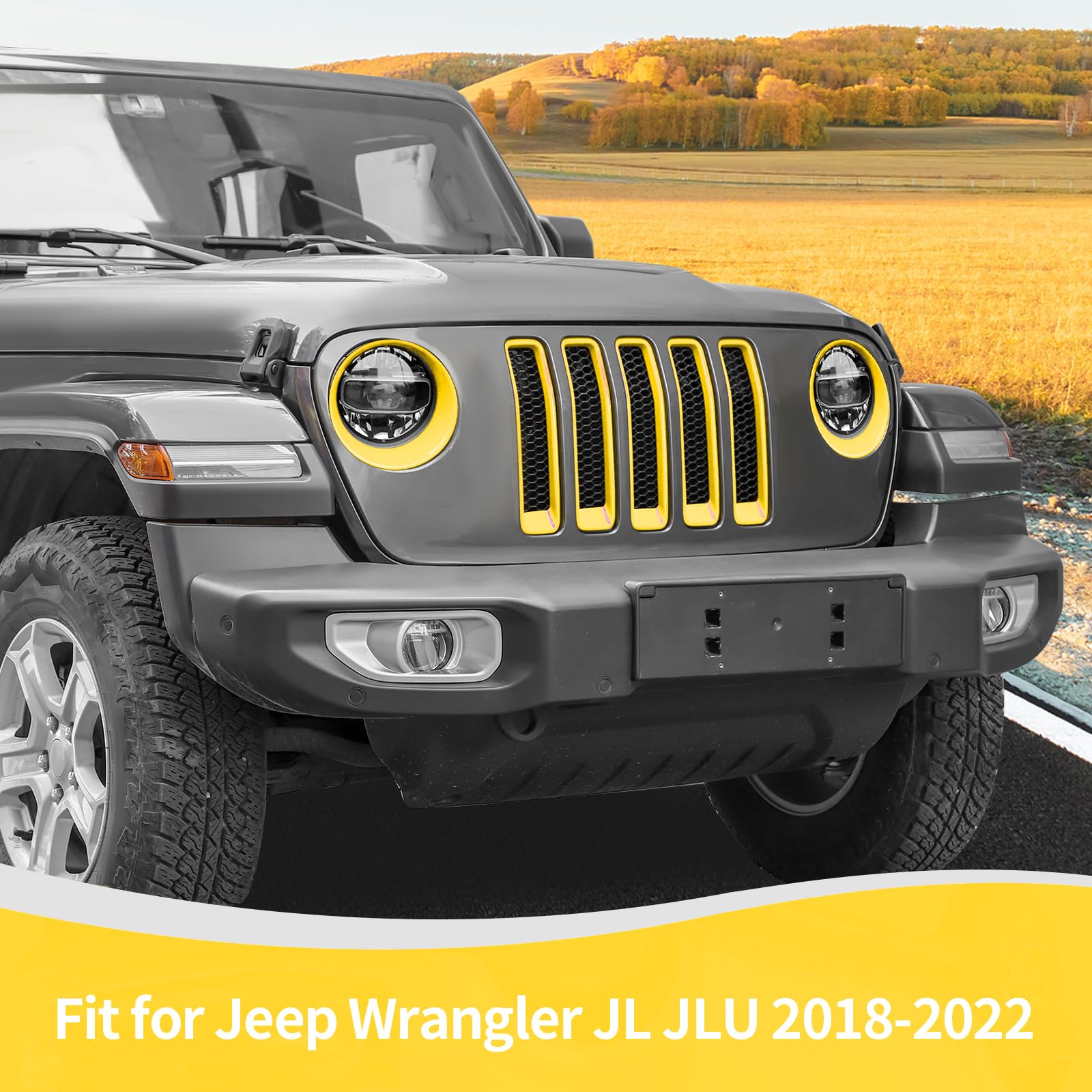 RT-TCZ Jeep Wrangler JL/JLU (2018-2022) Mesh Front Grille Insert with Headlight Covers - 9-Piece Yellow Exterior Accessory Kit for Off-Road Protection & Style Enhancement | Perfect for Trail Riding, Urban Driving & Jeep Customization