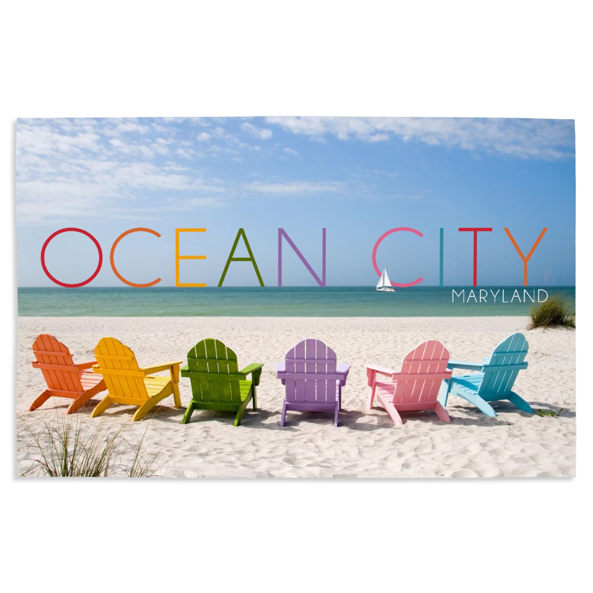 Lantern Press 16x24 Inch Giclee Art Print - Ocean City Maryland Beach Scene with Colorful Chairs - Coastal Wall Decor for Living Room, Bedroom & Office