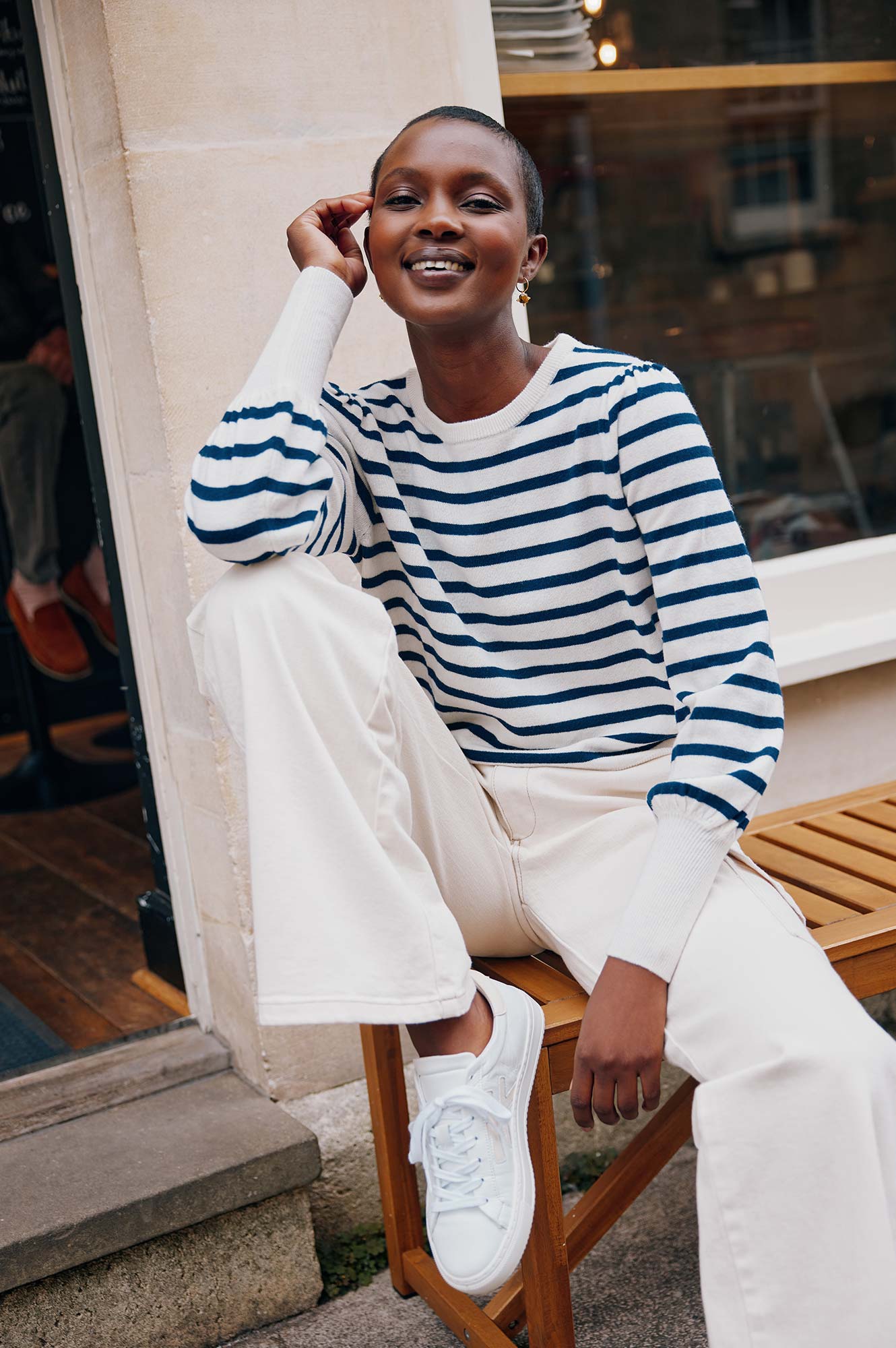 Premium Merino Wool Striped Crew Neck Sweater for Men & Women | Soft Warm Winter Pullover | Cream & Navy Stripes | Casual Office Wear & Outdoor Activities