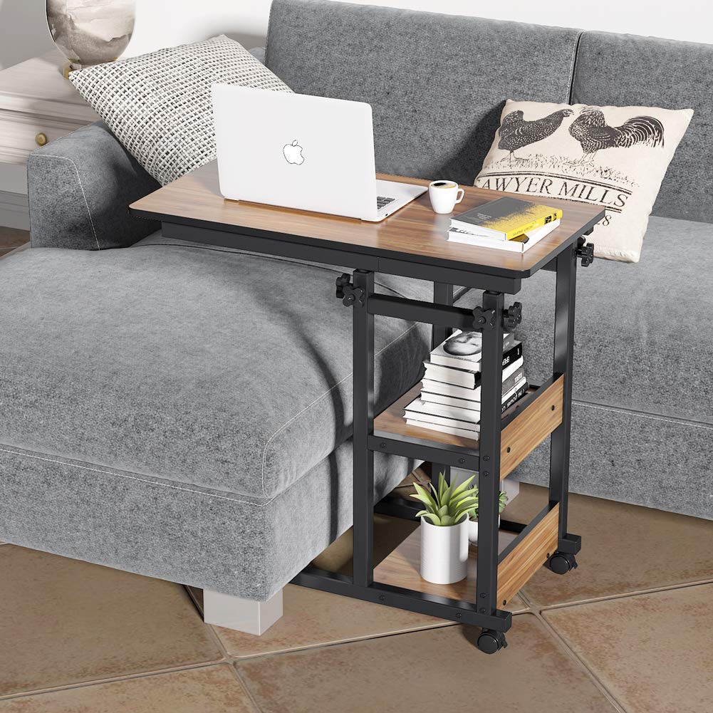 Tribesigns Adjustable Height C-Shaped End Table with Storage Shelves & Wheels - Mobile Sofa Table, Laptop Tray, Snack Stand, Bedside Table for Living Room, Bedroom (Oak) - Perfect for Small Spaces, Home Office & Relaxing on the Couch