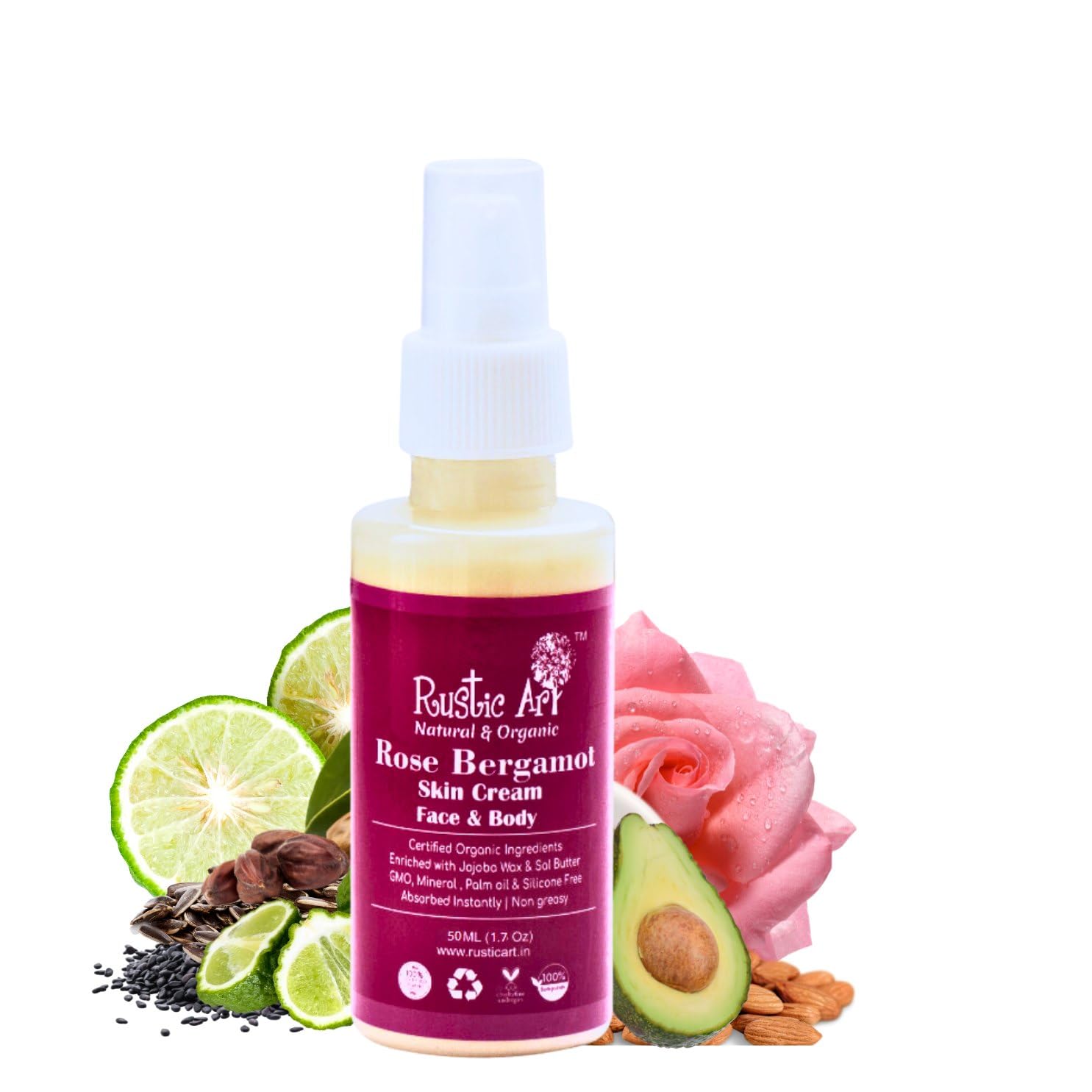 Organic Rose Bergamot Skin Cream - Fragrance-Free Face & Body Moisturizer for All Skin Types | Paraben, Sulfate & Phthalate Free | Vegan & Cruelty-Free | Hydrating Dry Skin Care for Women & Men (50ml) | Perfect for Daily Use, Night Routine & Travel Skincare