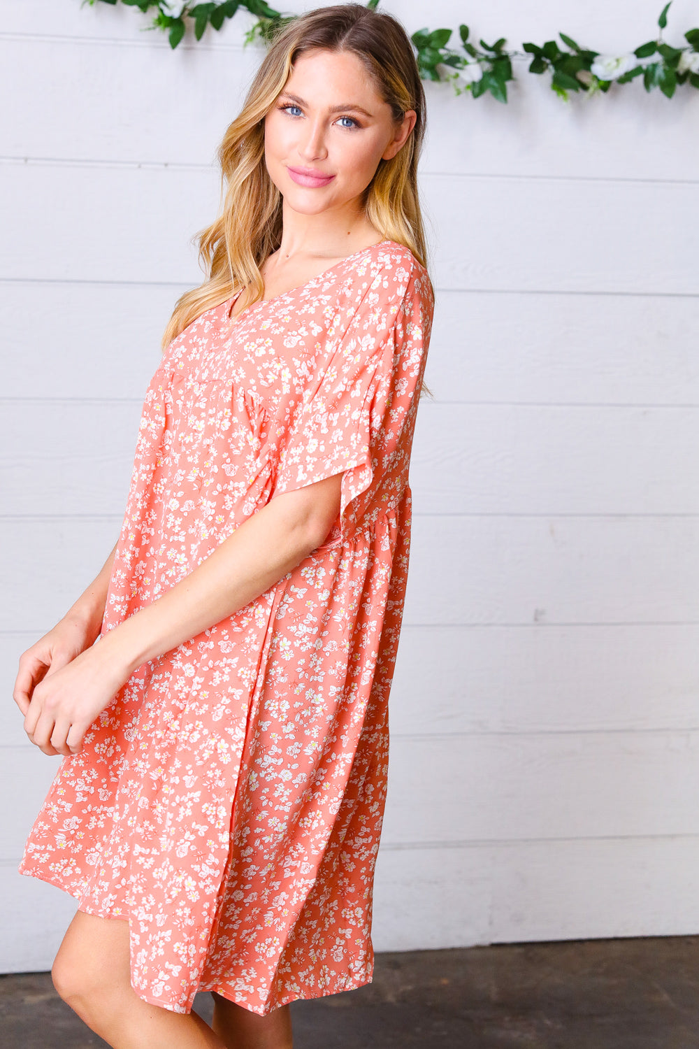 Peach Ditzy Floral Woven Dolman V-Neck Dress for Women - Summer Boho Casual Sundress for Beach, Vacation & Outdoor Parties