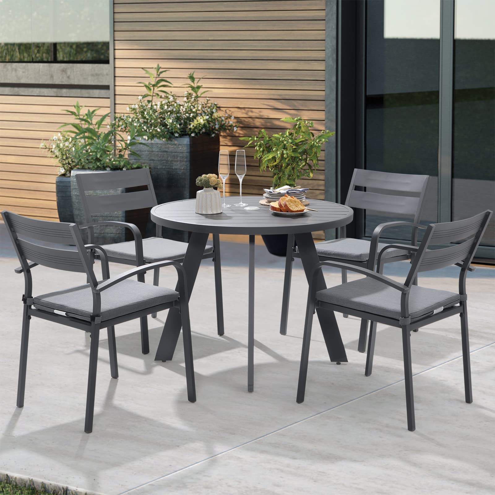 5-Piece Outdoor Dining Set with Round Table & 4 Stackable Chairs - Aluminum Patio Furniture Set with Cushions & Umbrella Hole - Perfect for Garden, Yard, Porch & Poolside - Dark Gray