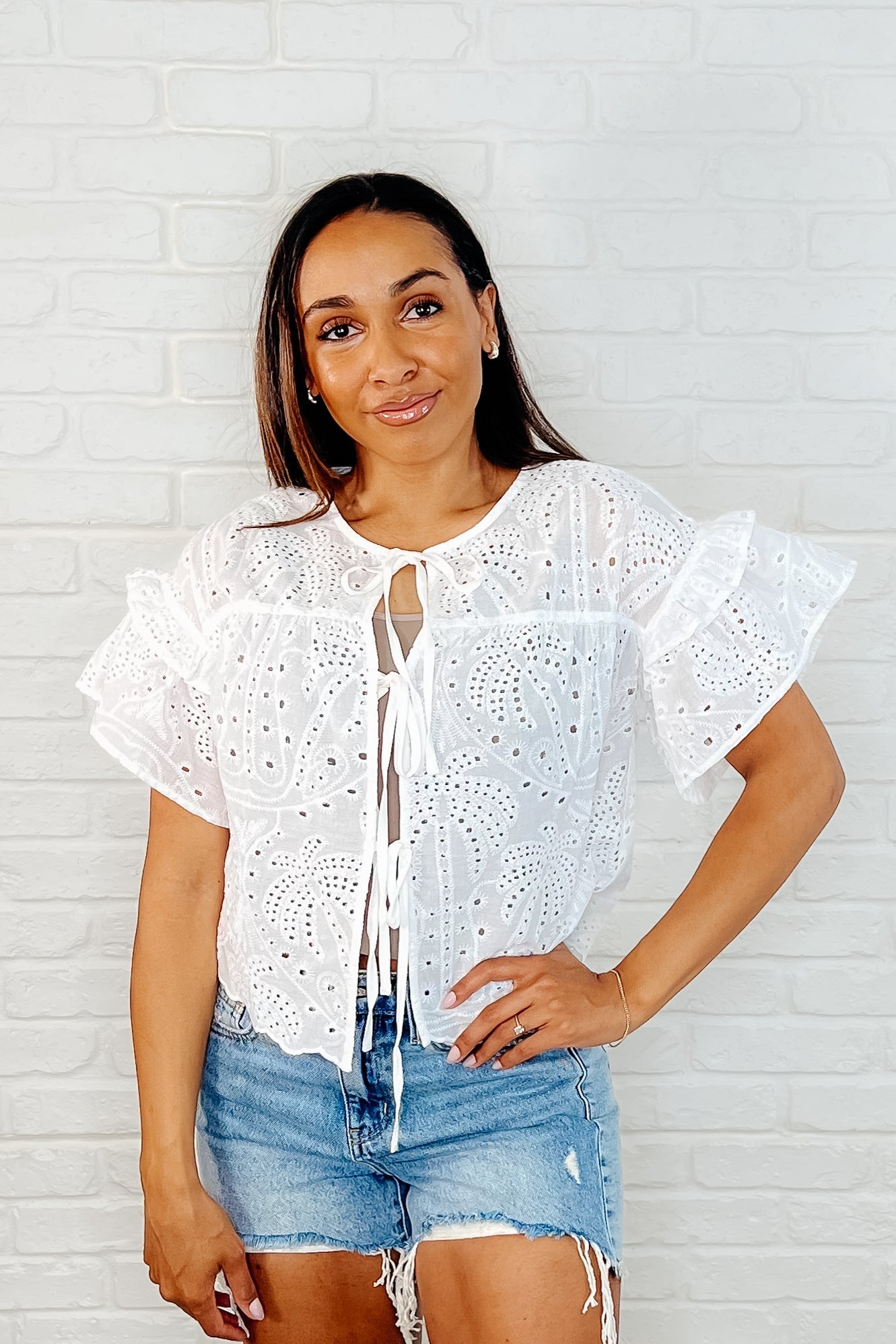 Elegant Off White Eyelet Front Tie Blouse - Women's Fashion Top for Casual Outings & Summer Wear