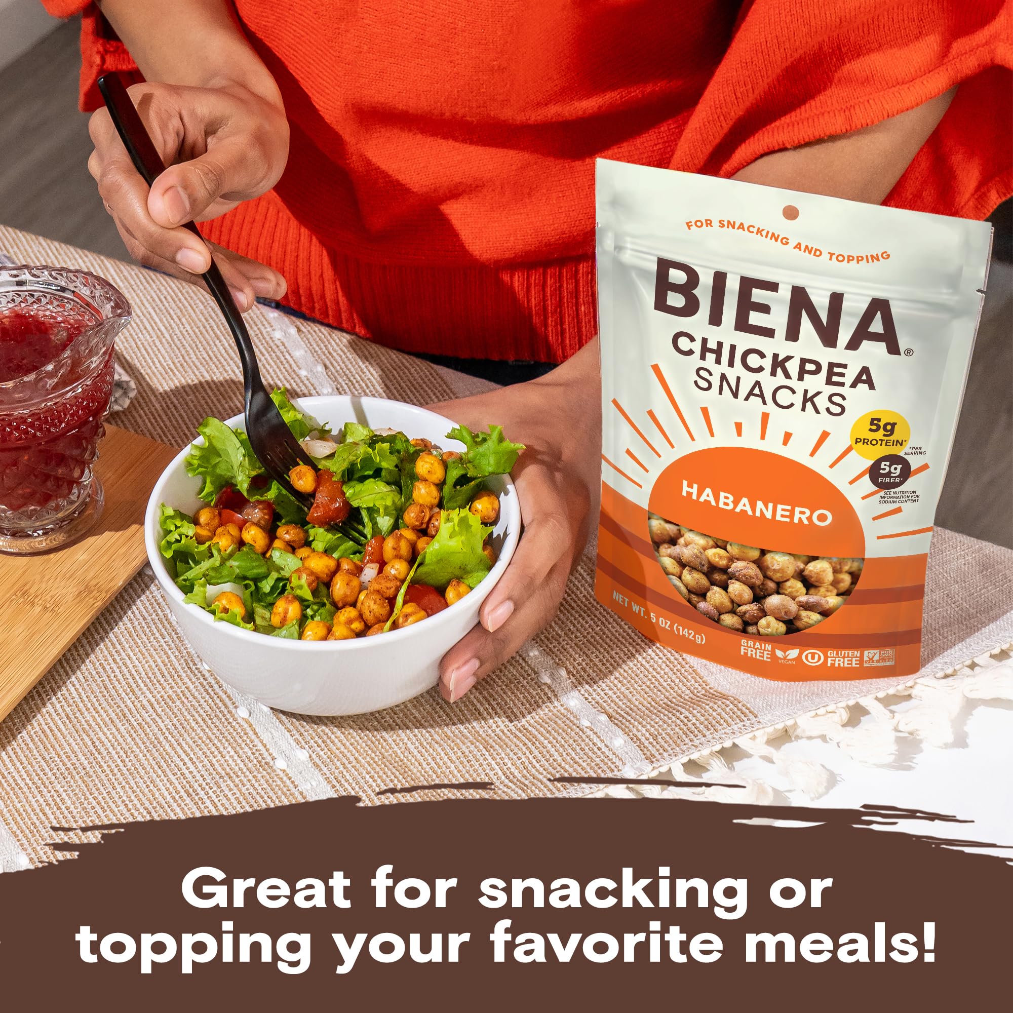 BIENA Crunchy Roasted Chickpea Snacks - High Fiber Vegan Protein Snacks for Adults & Kids - 8-Pack (5oz) - Habanero Flavor - Perfect for School Lunches, Office Snacks & Healthy On-the-Go Eating