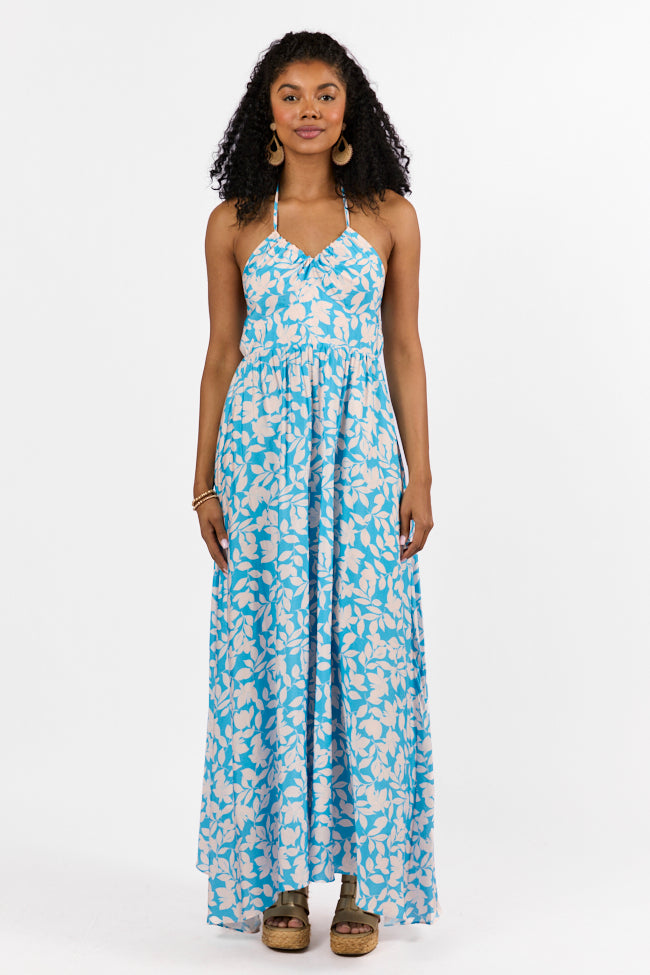 Golden Days Blue Halter Neck Printed Maxi Dress - Floral Summer Beach Dress for Women | Perfect for Vacation, Pool Party & Boho Outfit