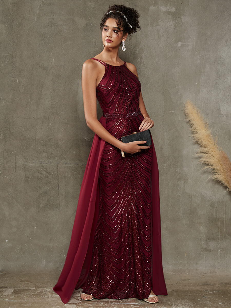 Elegant Burgundy Convertible Halter Sequin Floor Length Formal Evening Gown for Prom, Wedding & Special Occasions