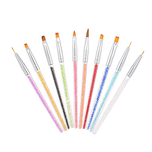 10pcs Professional Acrylic Nail Brushes Set - UV Gel & 3D Nail Art Design Tools with Rhinestone Handle for Painting, Drawing & Lining | Perfect for Salon, Home Manicure & DIY Nail Art
