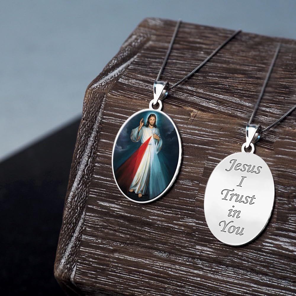 Divine Mercy Double Sided Oval Religious Medal - 14K Gold or Sterling Silver Protection Jewelry for Men & Women | Perfect for Baptism, First Communion & Spiritual Gifts | PicturesOnGold.com