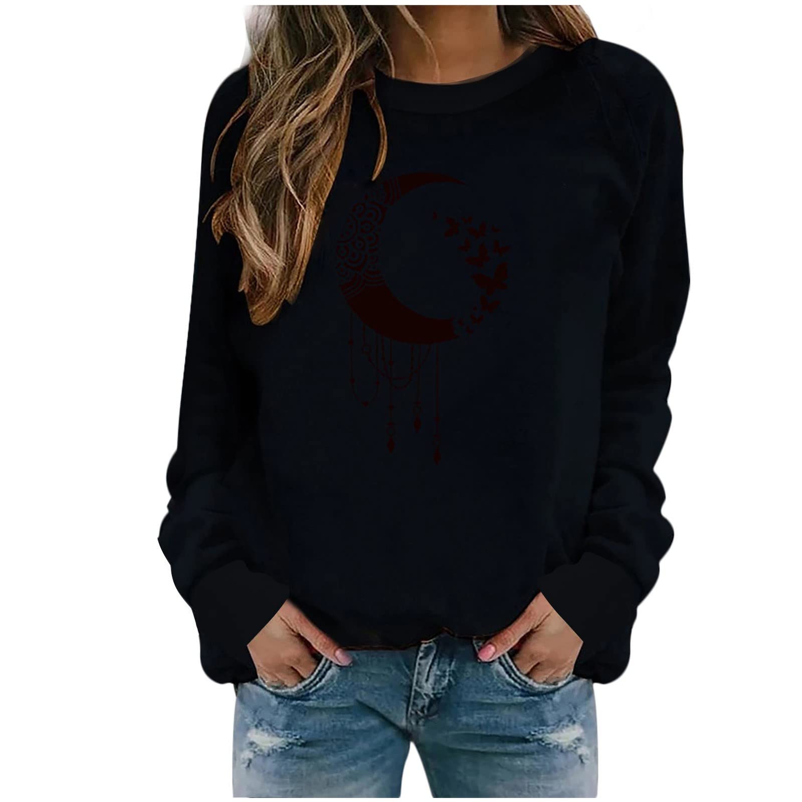 Women's Cute Printed Long Sleeve T-Shirts - Casual Crewneck Pullover Sweatshirt - Loose Comfortable Tops for Everyday Wear, Work & Weekend Outfits