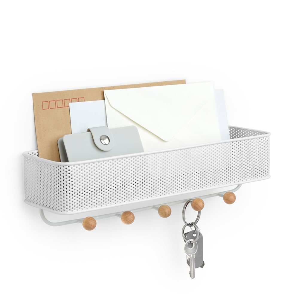 Umbra Estique Small Entryway Organizer - Wall Mounted Shelf with Hooks for Keys, Mail & Accessories | Perfect for Hallway, Foyer & Apartment Organization
