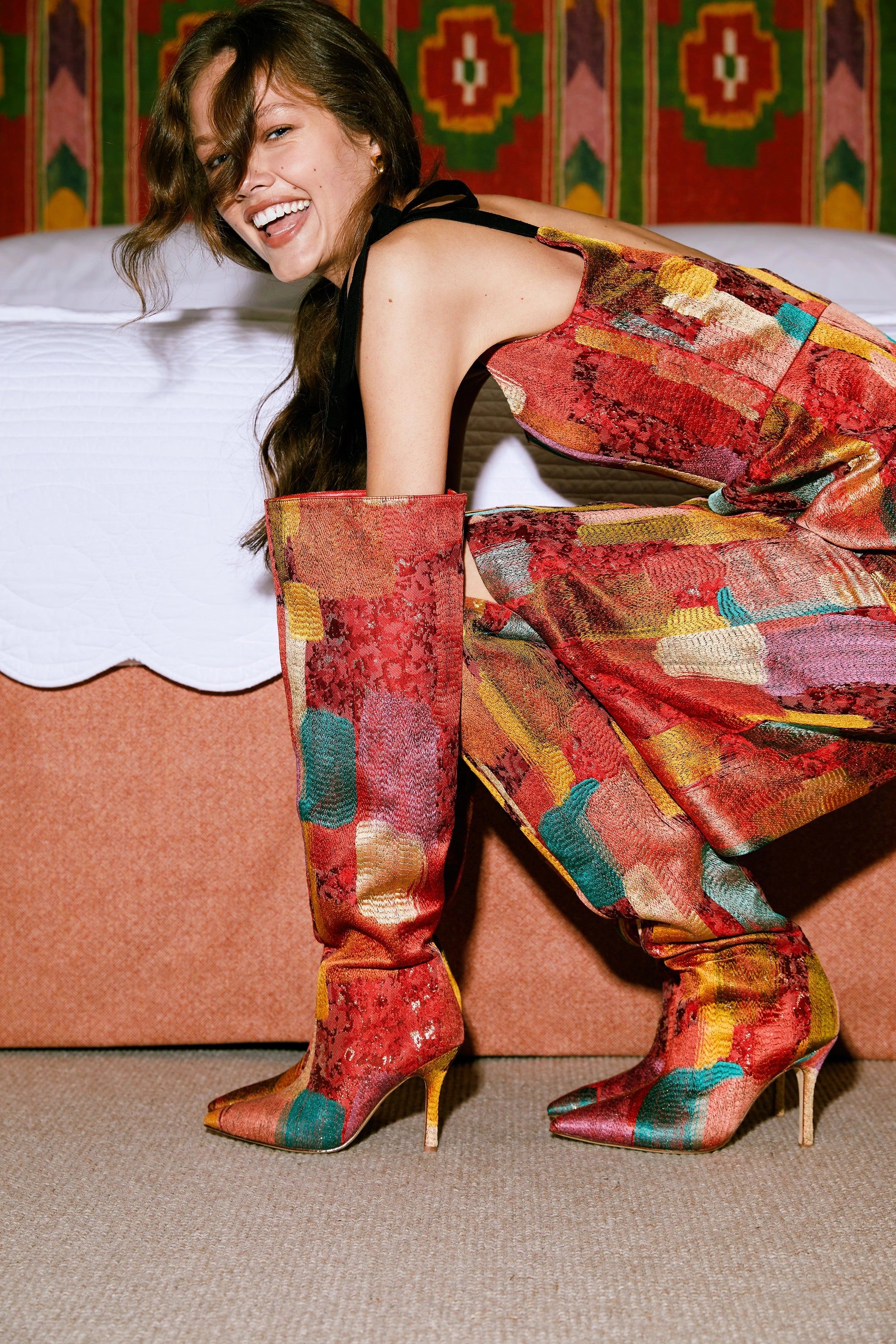 Larroudé x Markarian Red Patchwork Fabric Boots - Stylish Ankle Boots for Women, Perfect for Fall and Winter Outfits, Date Nights, and Office Wear