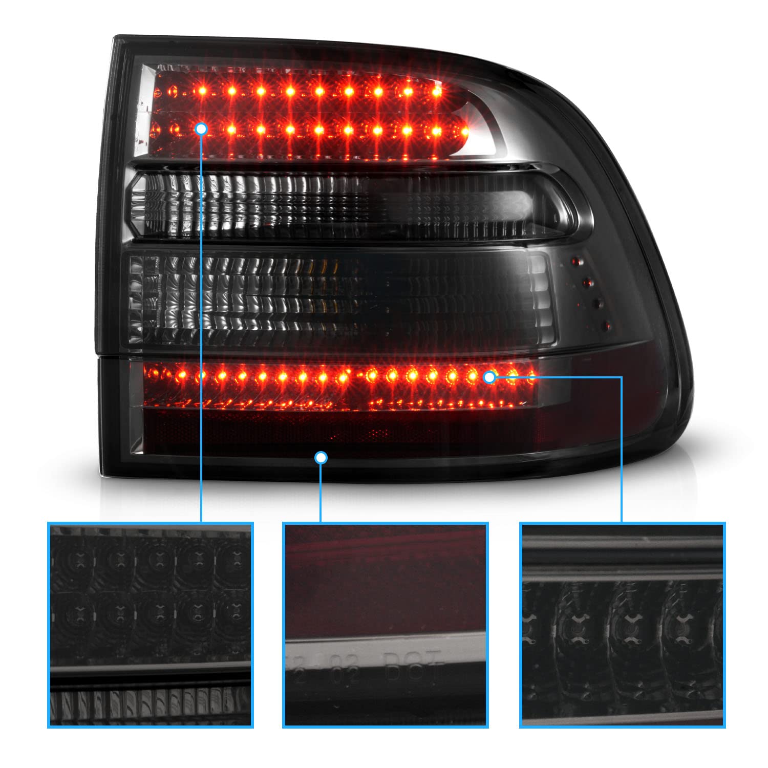 AmeriLite Smoke LED Tail Lights Pair for Porsche Cayenne SUV (2003-2023) - Left & Right Side Replacement - Enhanced Visibility & Style for Night Driving & Off-Road Adventures