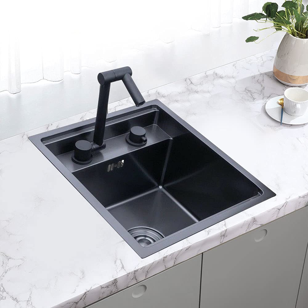 TFCFL 15.28 x 13.7 Inch Stainless Steel Black Drop-in Kitchen Sink with Faucet, Single Bowl with Cover, Perfect for Modern Small Kitchens and Compact Spaces