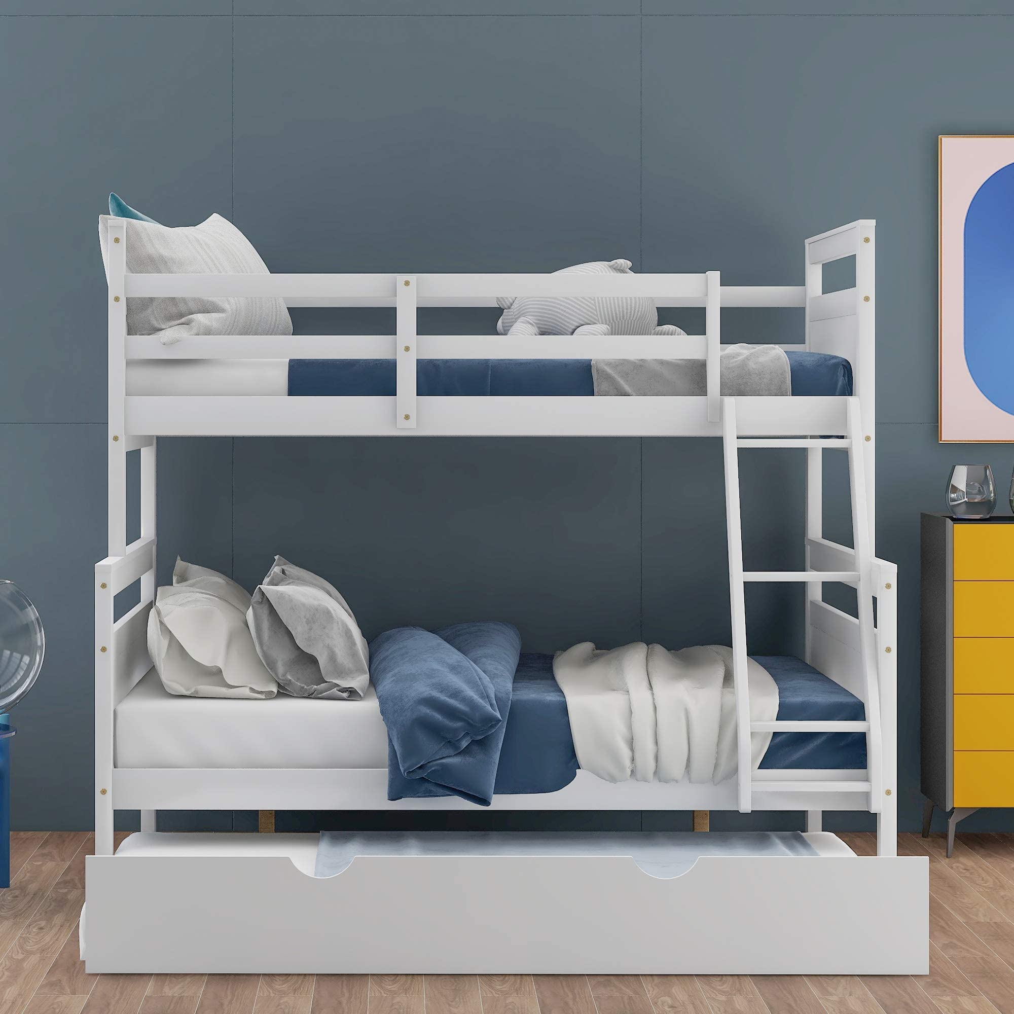 SOFTSEA Twin Over Full Bunk Bed with Trundle - Solid Wood Convertible Bunk Bed Frame with Ladder & Safety Guardrails for Kids - Transforms to 2 Separate Beds or Loft Bed - Perfect for Small Bedrooms, Guest Rooms & Kids' Shared Spaces (White)