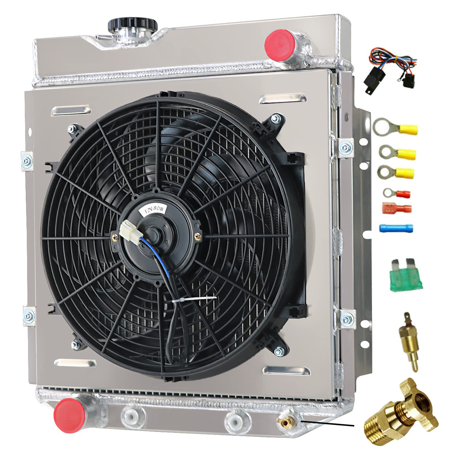 High Performance Aluminum Radiator for 1960-1966 Ford Mercury Comet Falcon Ranchero Mustang - 3 Row Cooling System with Shroud, Fan & Thermostat Relay Kit - Perfect for Classic Car Restoration & Hot Rod Upgrades